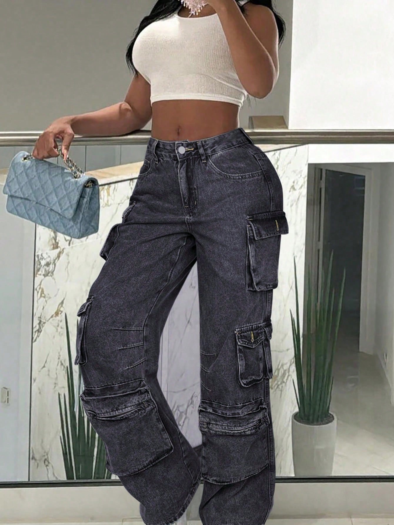 Women's Smoke Black Denim Full-length wide-leg jeans with wide-leg
