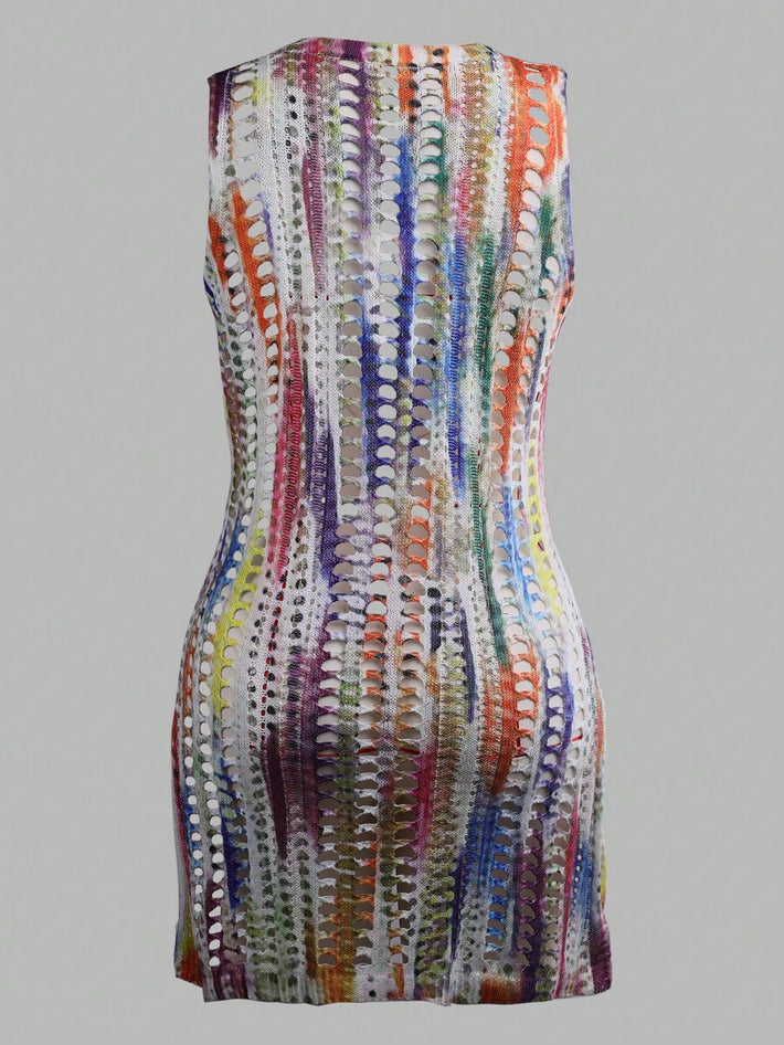 Women's Multi-Color Abstract Print Polyester Sleeveless Round Neck Mini Dress