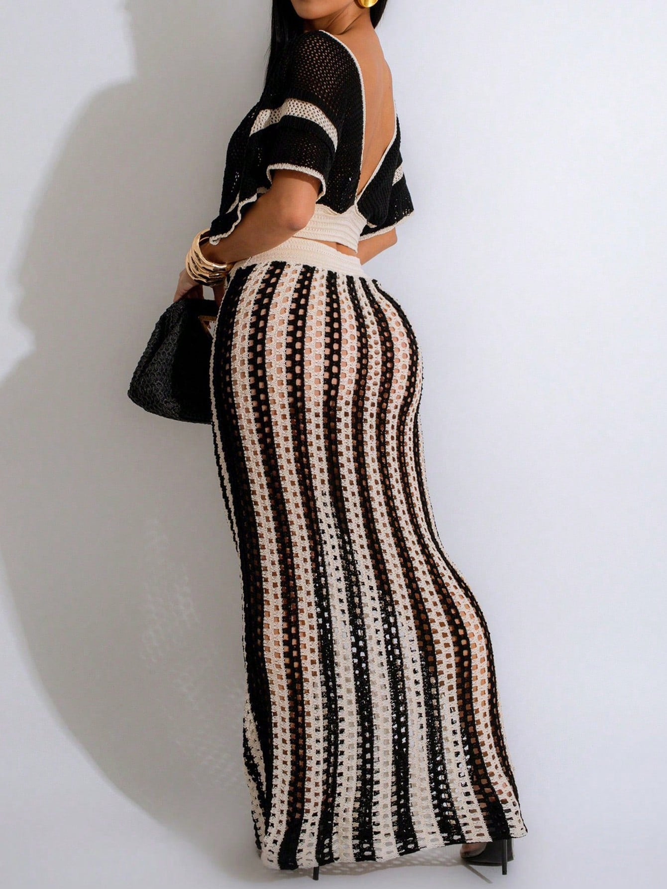 Women's Black White Knit Two-Piece Set with Crop Top and Mini Skirt