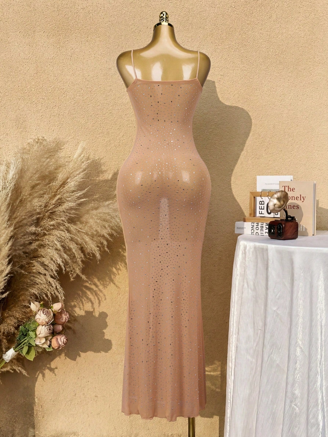 Women's Apricot Sheer Mesh Rhinestone Bodycon Maxi Dress with Spaghetti Straps