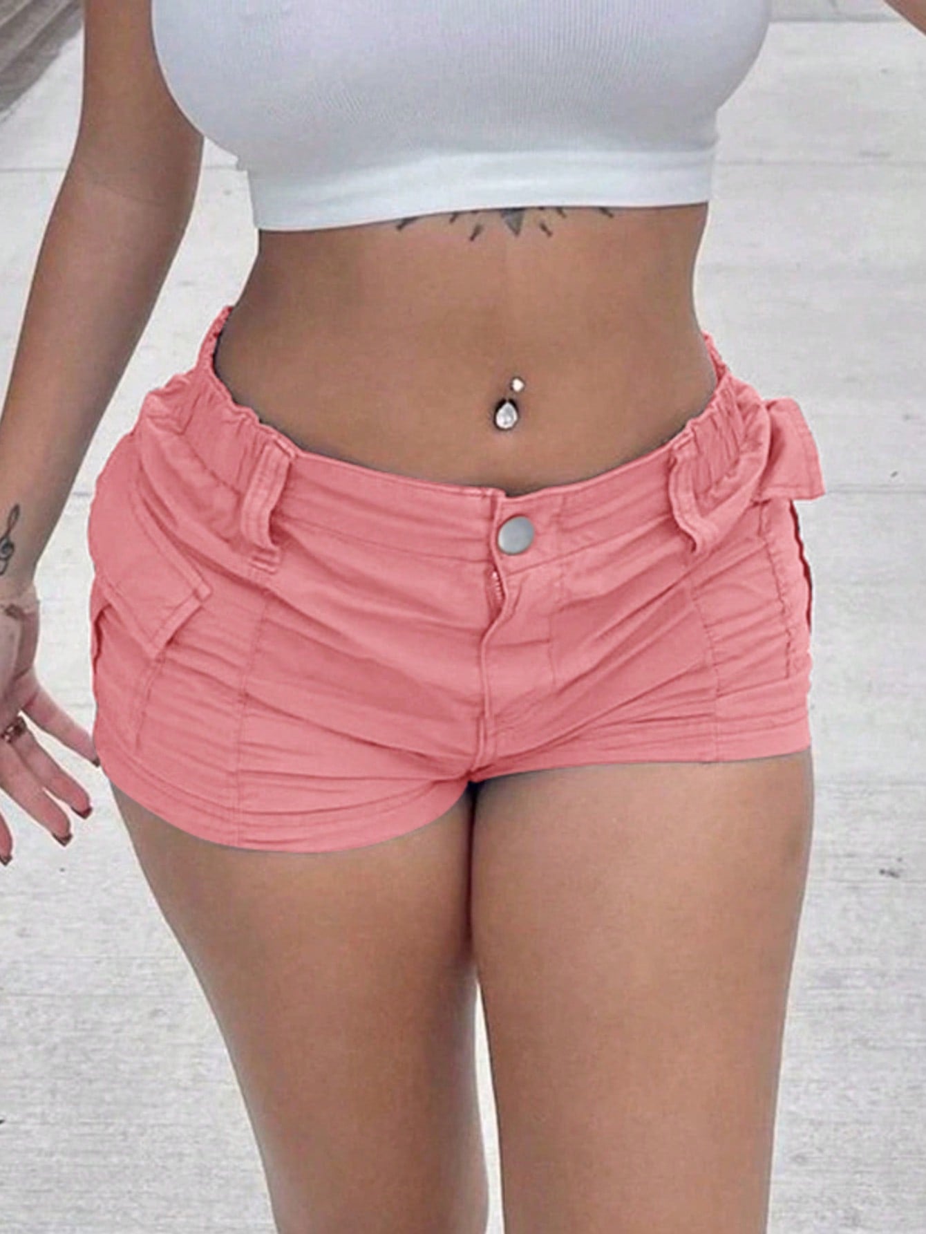 Women's Pink 100% Cotton High Waisted Multi-Pocket Cargo Shorts