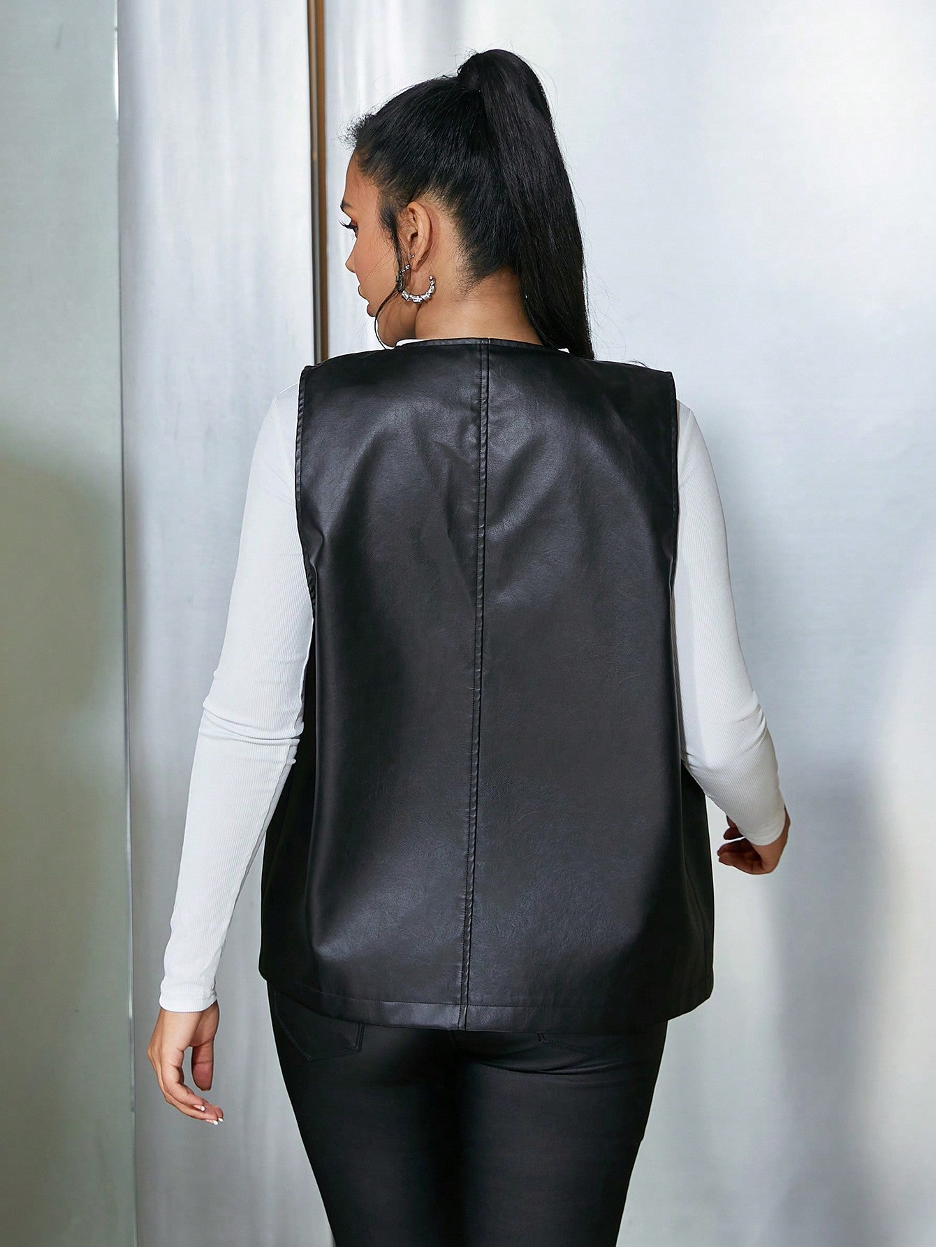 Women's Black PU Leather Sleeveless Vest Open-Front Jacket