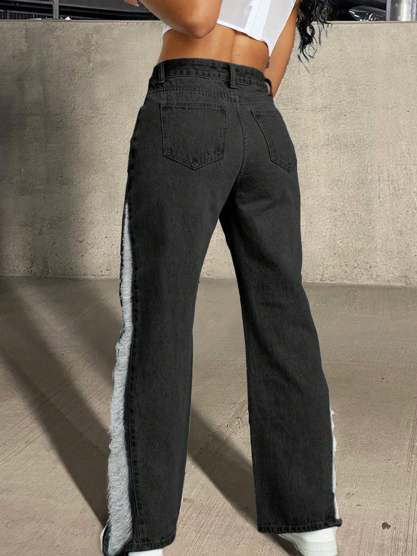 Black Denim Cargo Jeans with Orange Fur Cuffs - Baggy Streetwear Pants with Contrast Patchwork