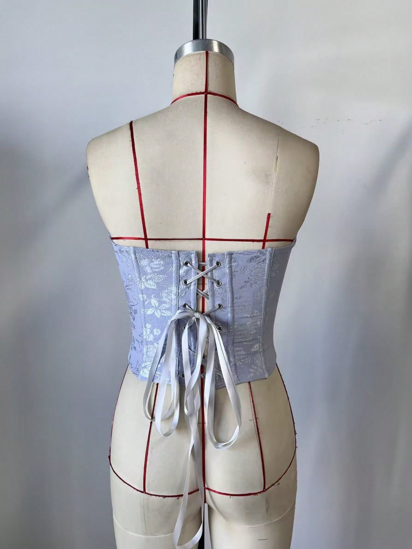 Women's Lavender Blue Floral Jacquard Lace-Up Corset