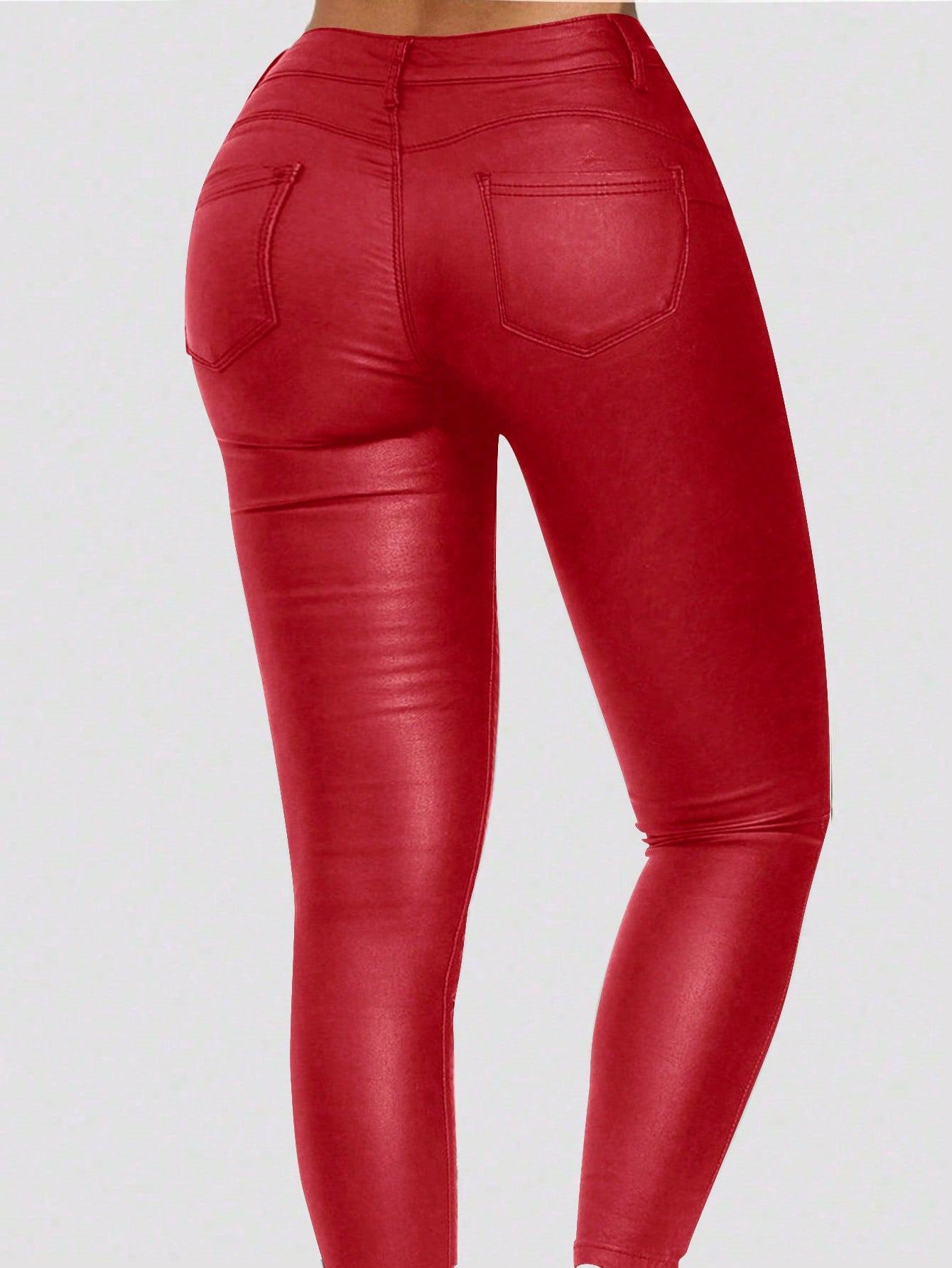 Women's Red Faux Leather Skinny Pants - High Waist Stretchy Slim Fit Leather Pants, Fashionable Casual Pencil Trousers