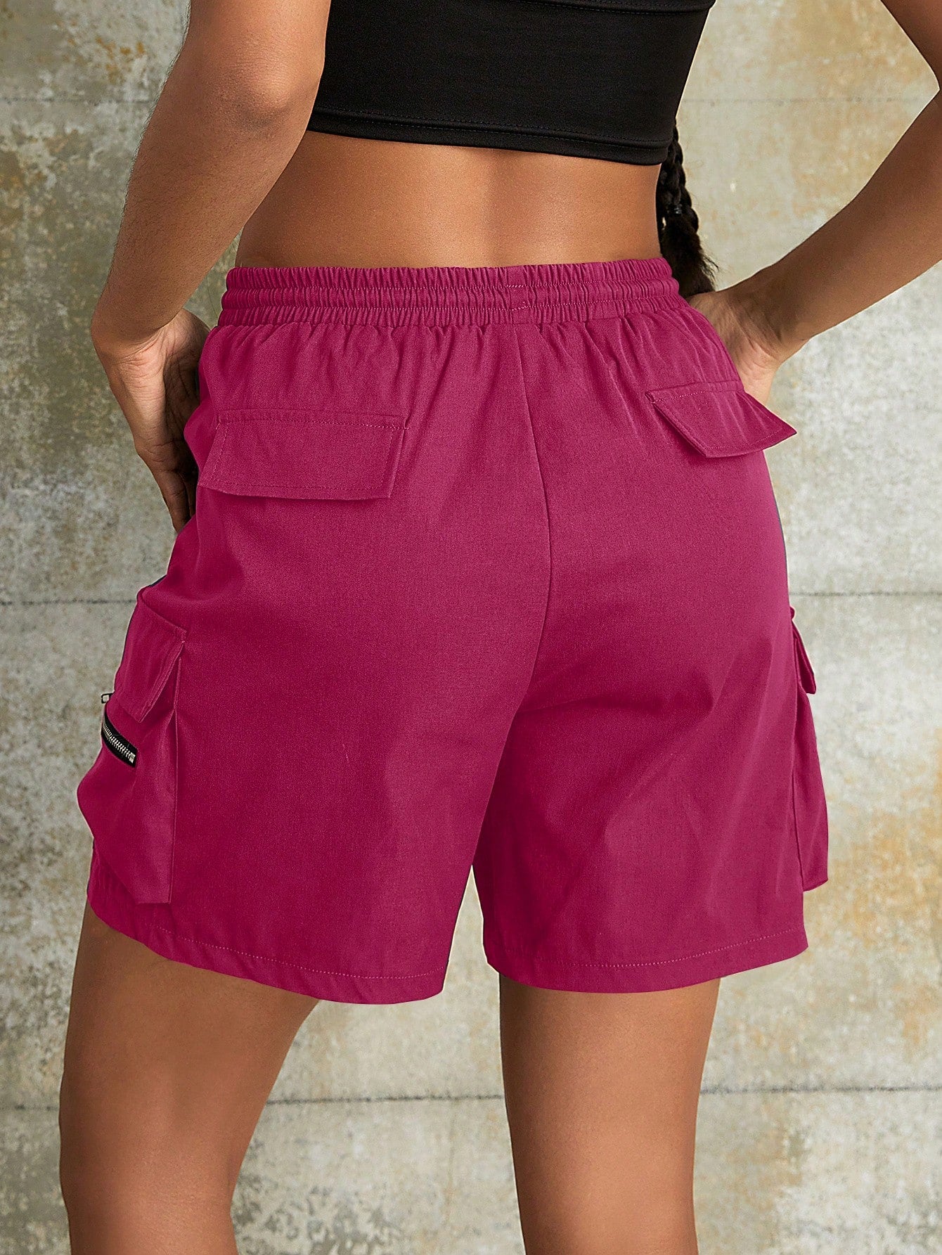 Women's Rose Red Elastic Waist Cargo Shorts with Zip Pockets