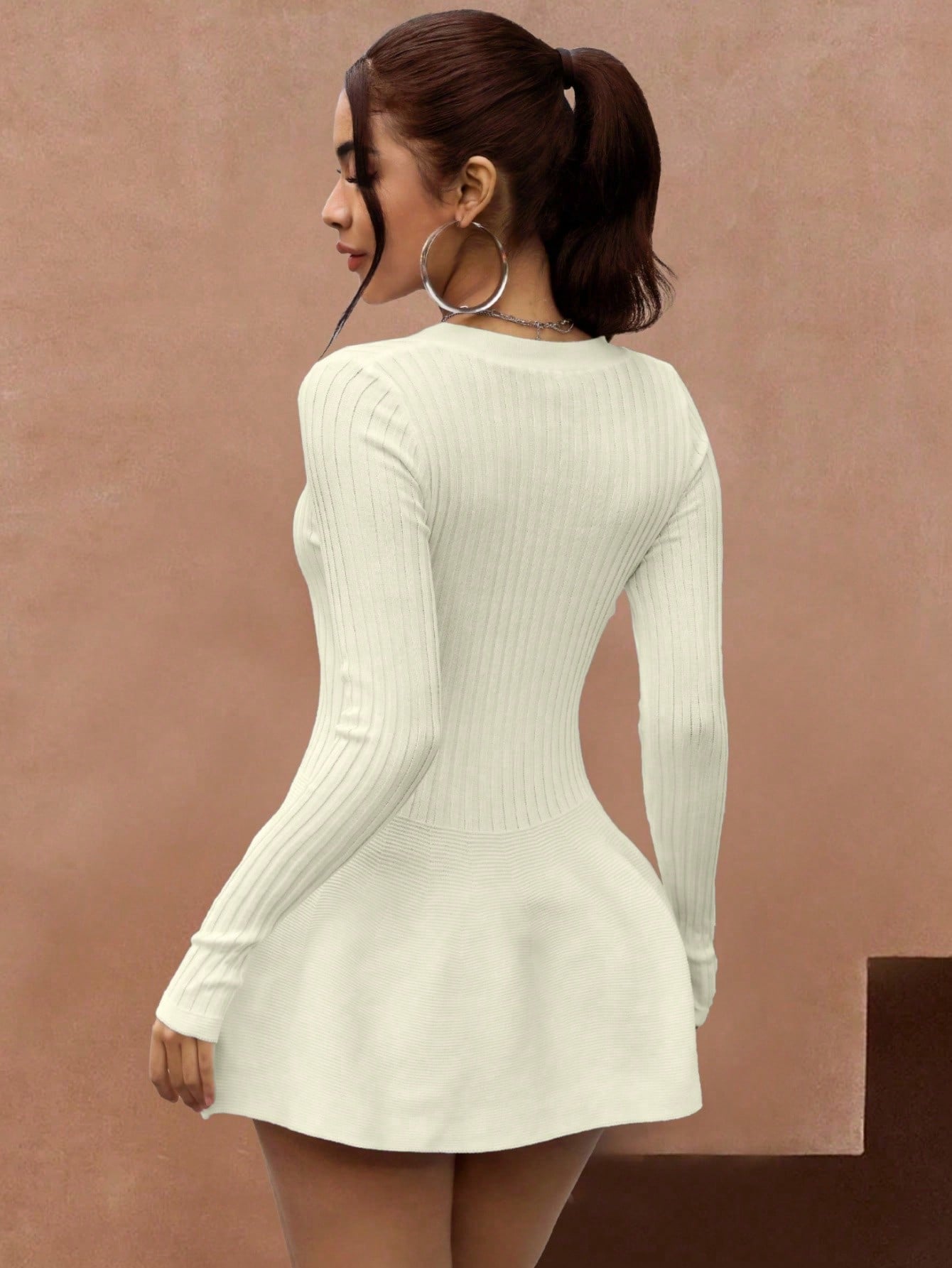 Women's Apricot Ribbed Knit Midi bodycon dress with sleeveless