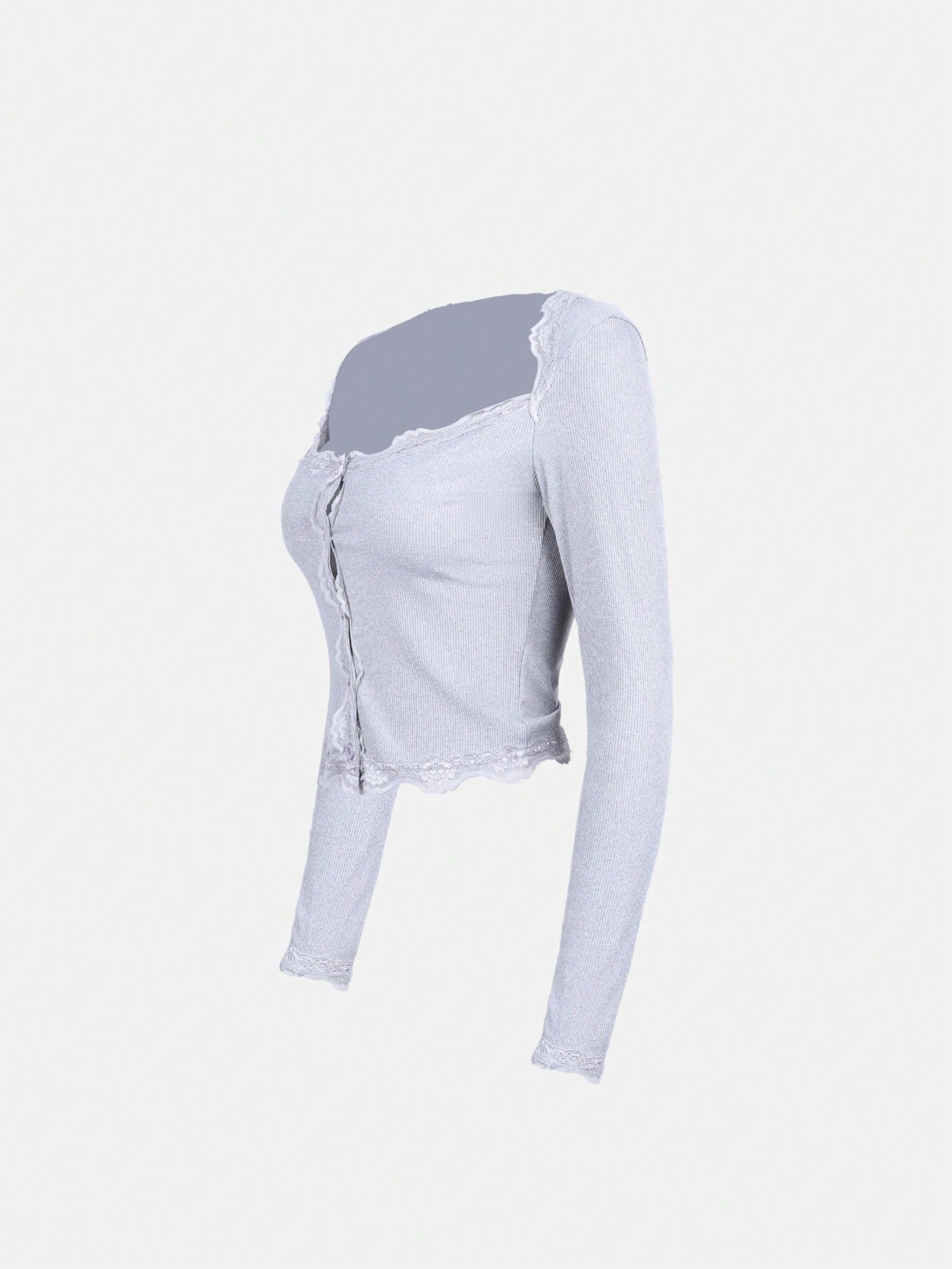 Women's Gray Ribbed Knit Henley Top with Button Placket