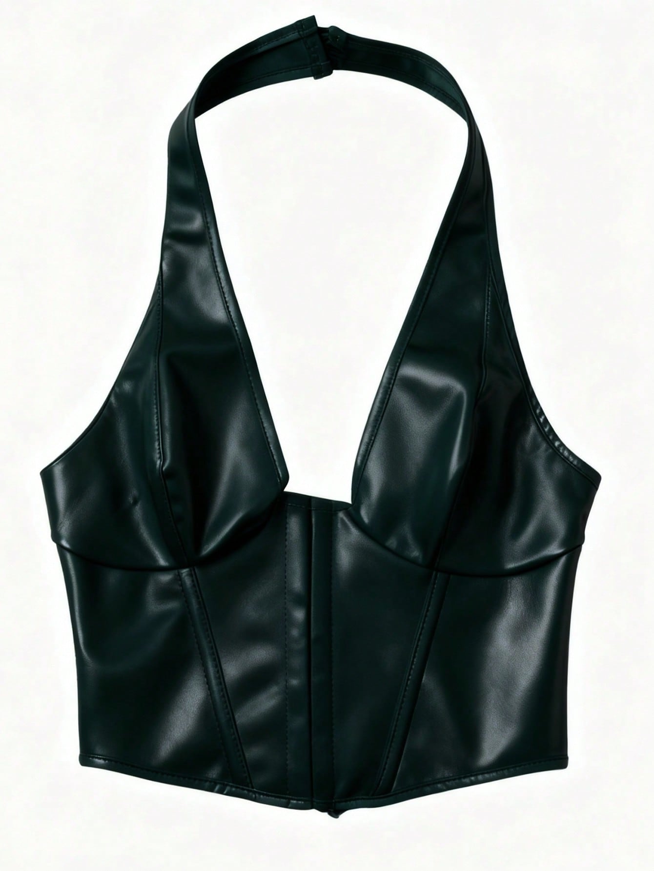 Women's Sexy Dark Green PU Leather Corset Top Halter Neck Lace-up Back Vest