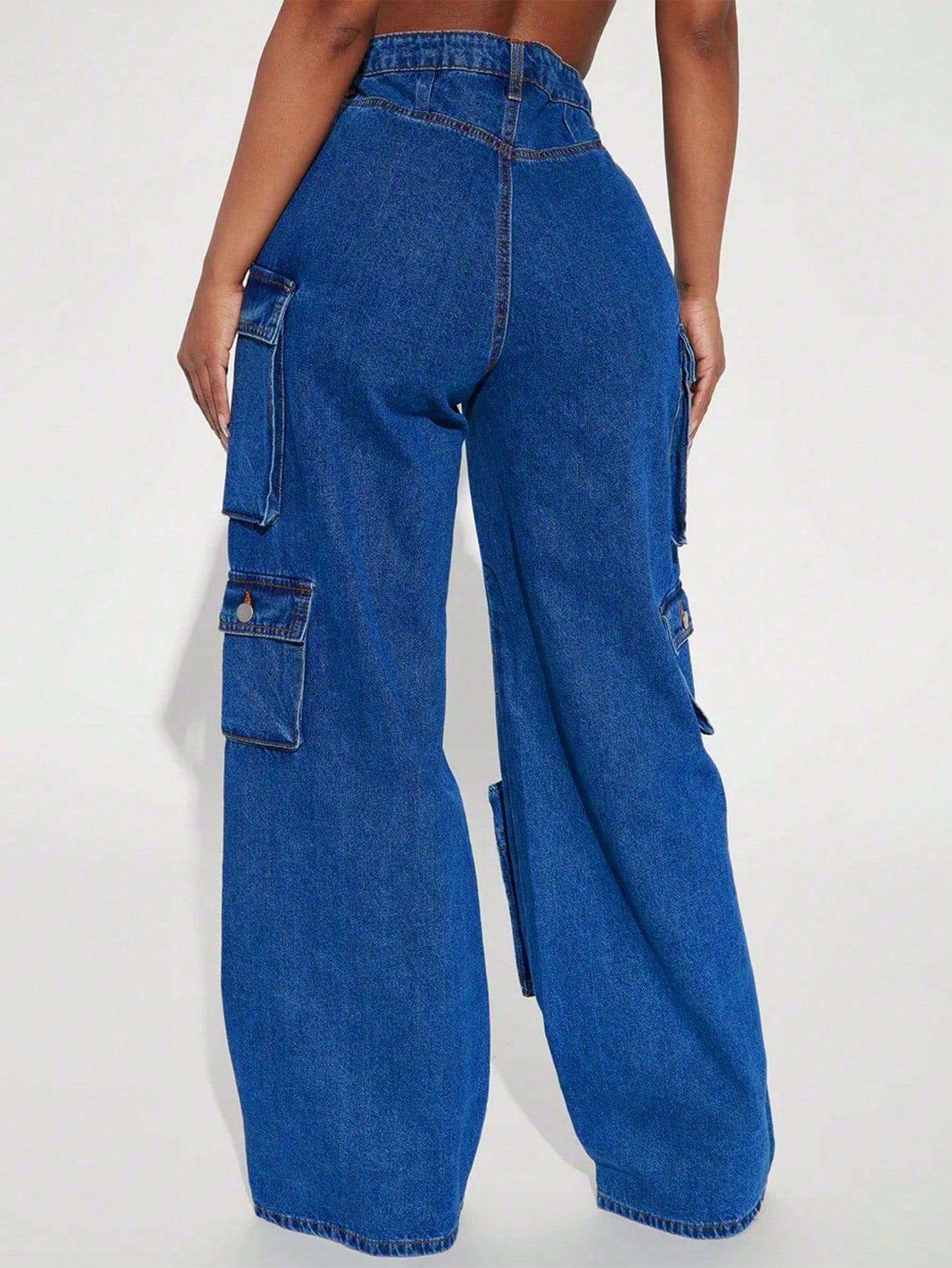 Women's Blue Baggy Cargo Jeans, High-Waisted Wide-Leg Denim Pants with Multiple Pockets for Street Style