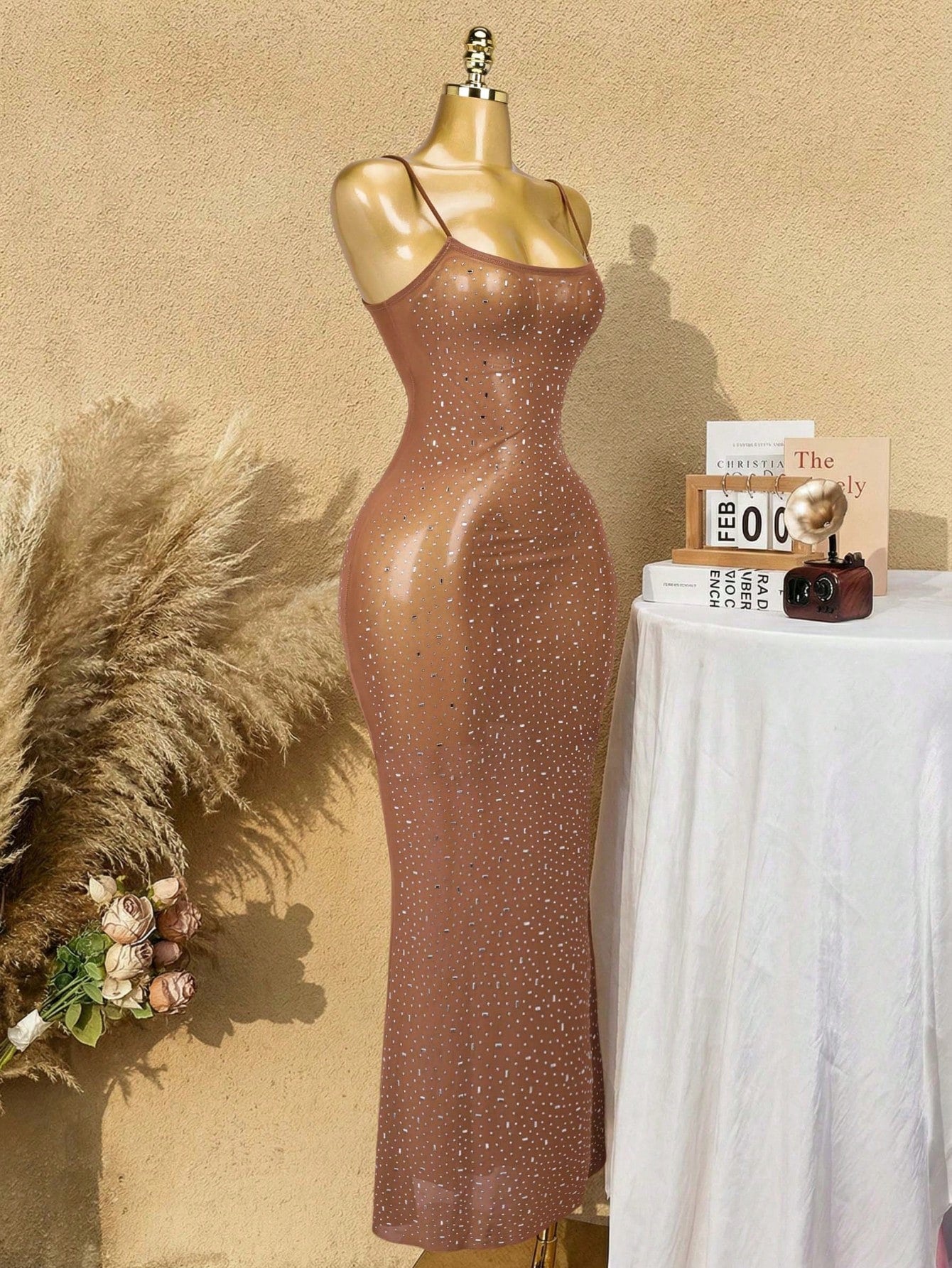 Women's Brown Art Deco Sequin Fringe Evening Dress