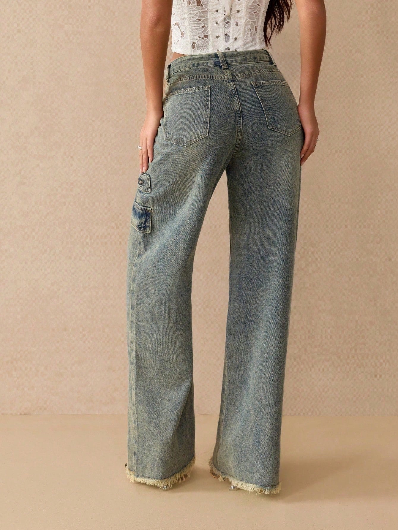 Women's Blue Denim Cotton Blend High Waisted Multi-Pocket Wide Leg Cargo Jeans