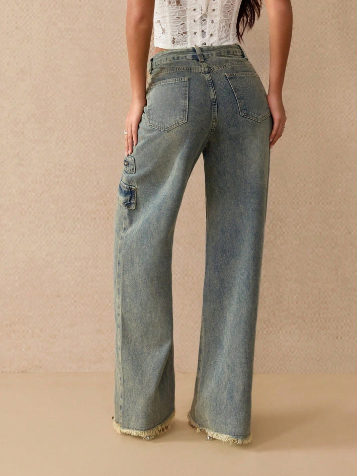 Women's Blue Denim Cotton Blend High Waisted Multi-Pocket Wide Leg Cargo Jeans