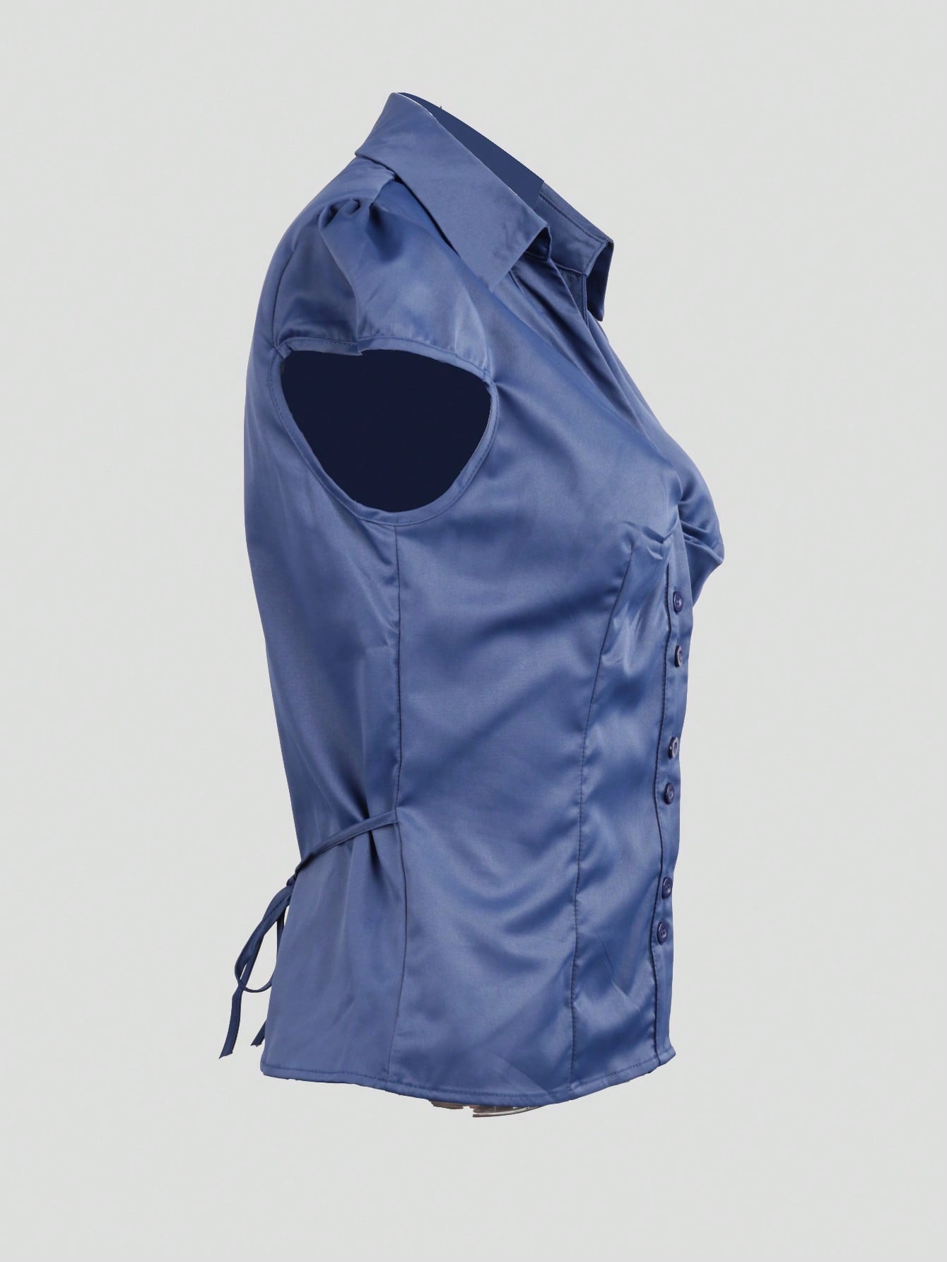 Women's Women Navy Blue Satin Short Sleeve Blouse with Pleated Detail