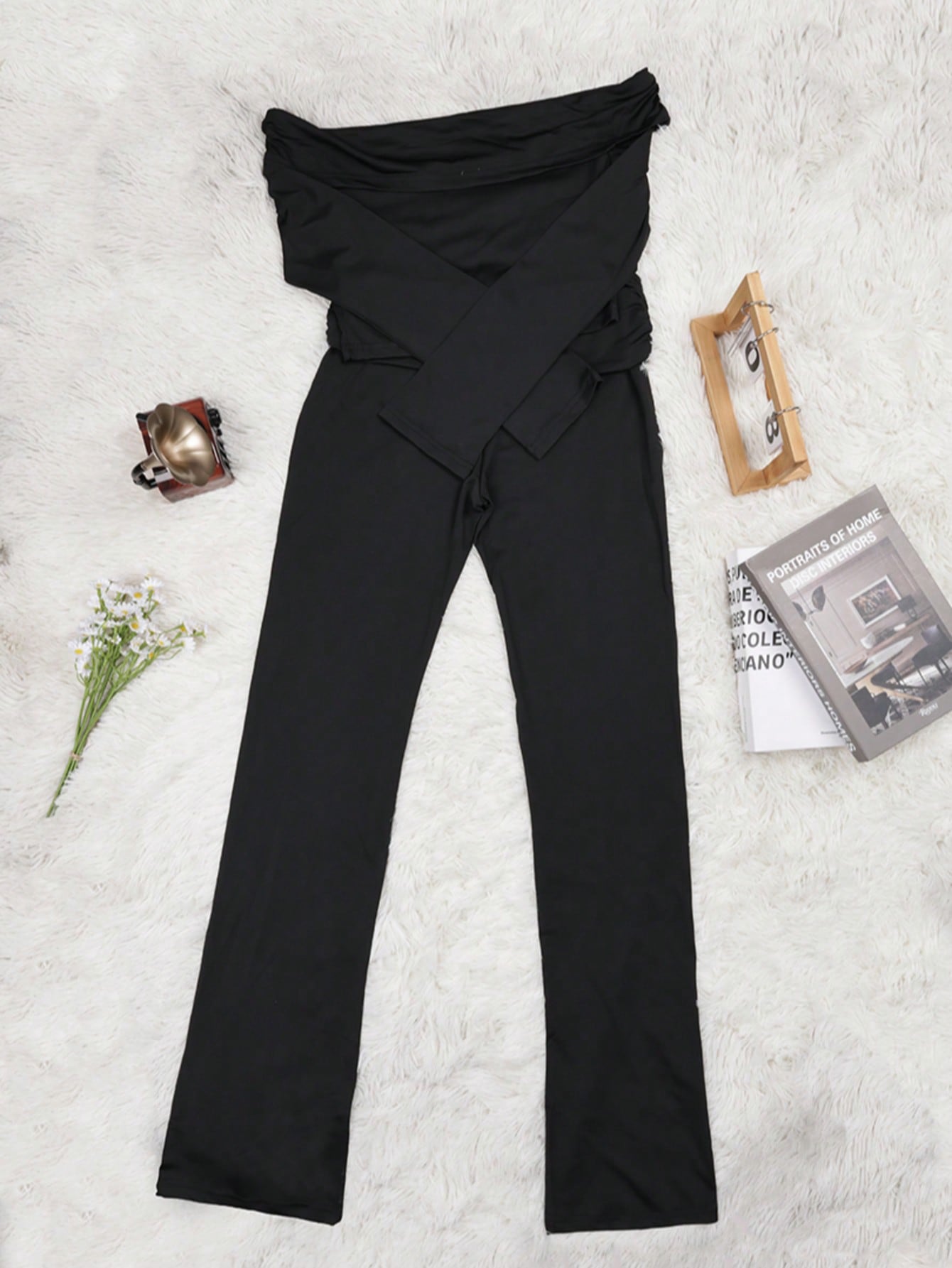 Women's Black Polyester Blend Sporty Two Piece Set with Leggings and Top