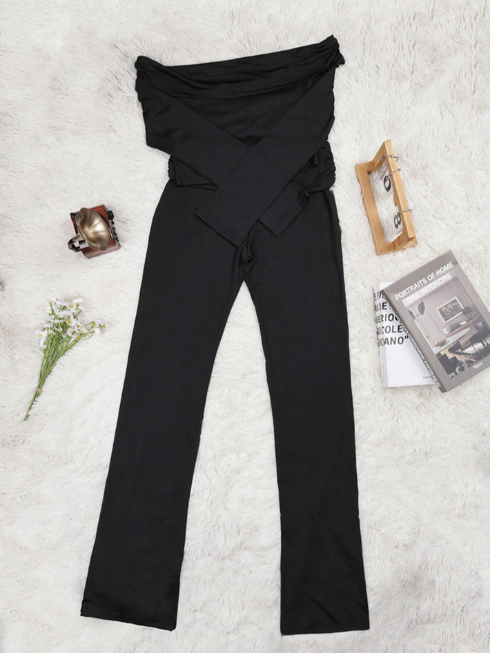Women's Black Polyester Blend Sporty Two Piece Set with Leggings and Top