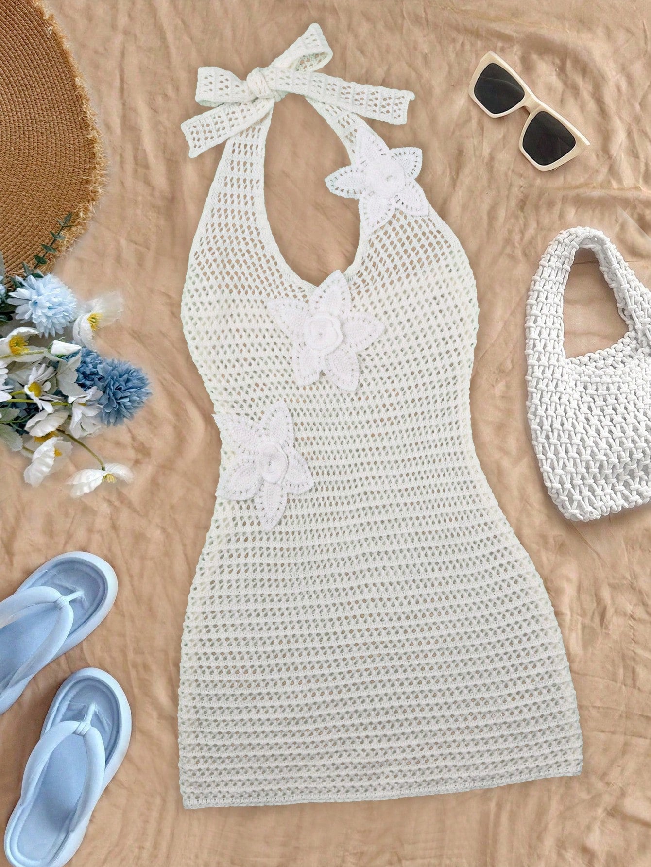 Women's White Crochet Knit Sweater Dress - Halter Neck 3D Floral Detail Sleeveless Mini Dress, Elegant Casual Wear for Vacations & Dates