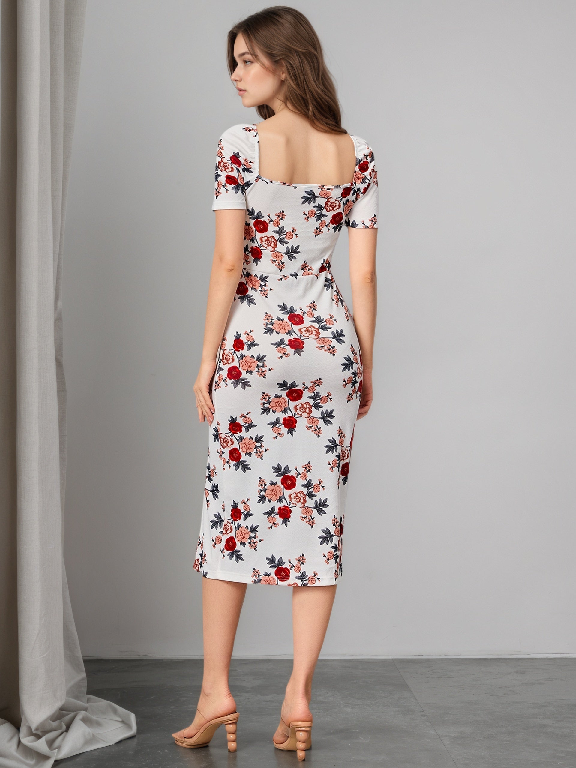 Pre-order Women's Floral Square Neck Side-Slit Midi Dress | MOQ 24 Units | 10-15 Calendar Days Shipping
