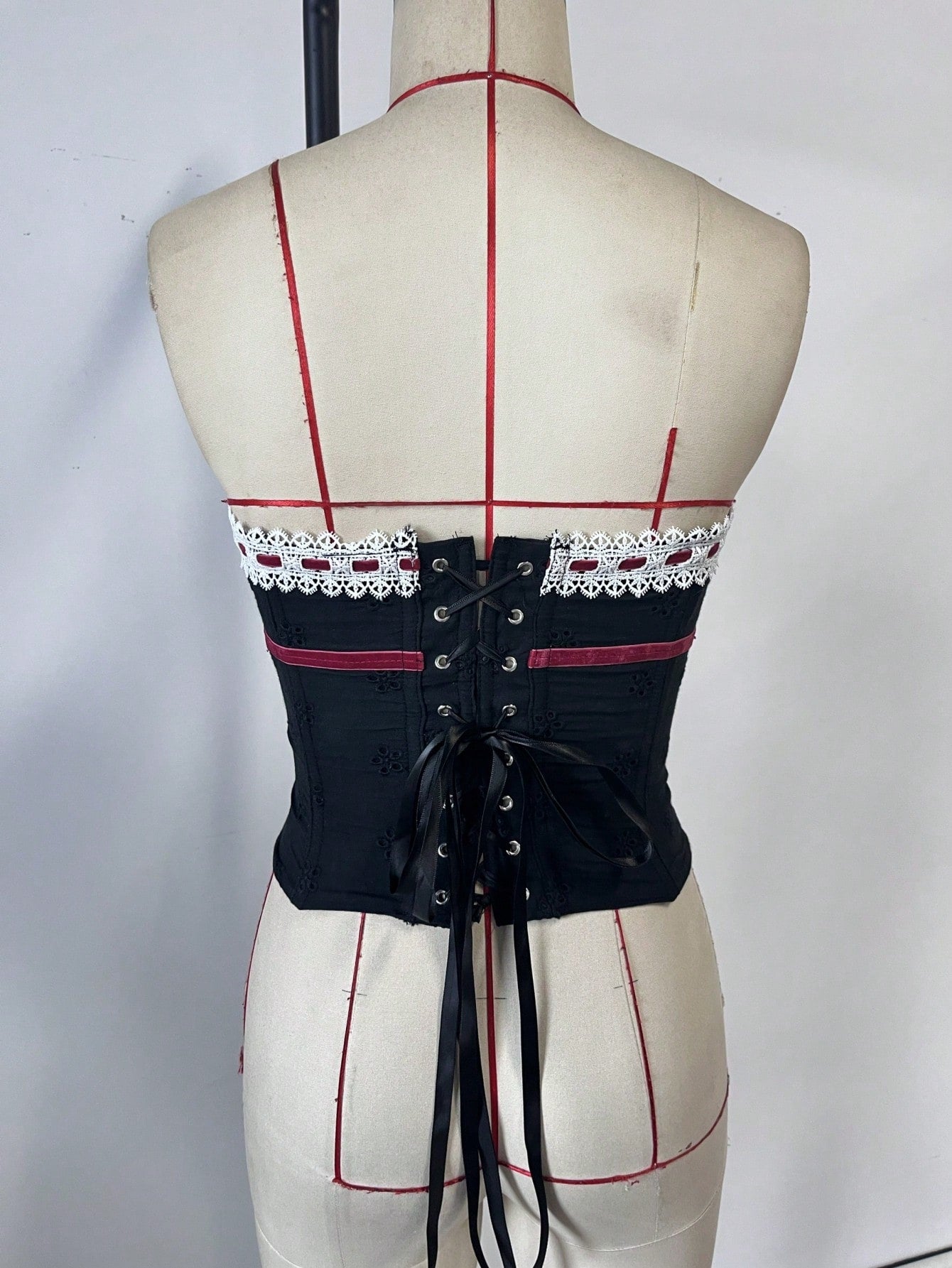 Women's Lace-Up Bustier Corset Top with Contrast Lace and Ribbon