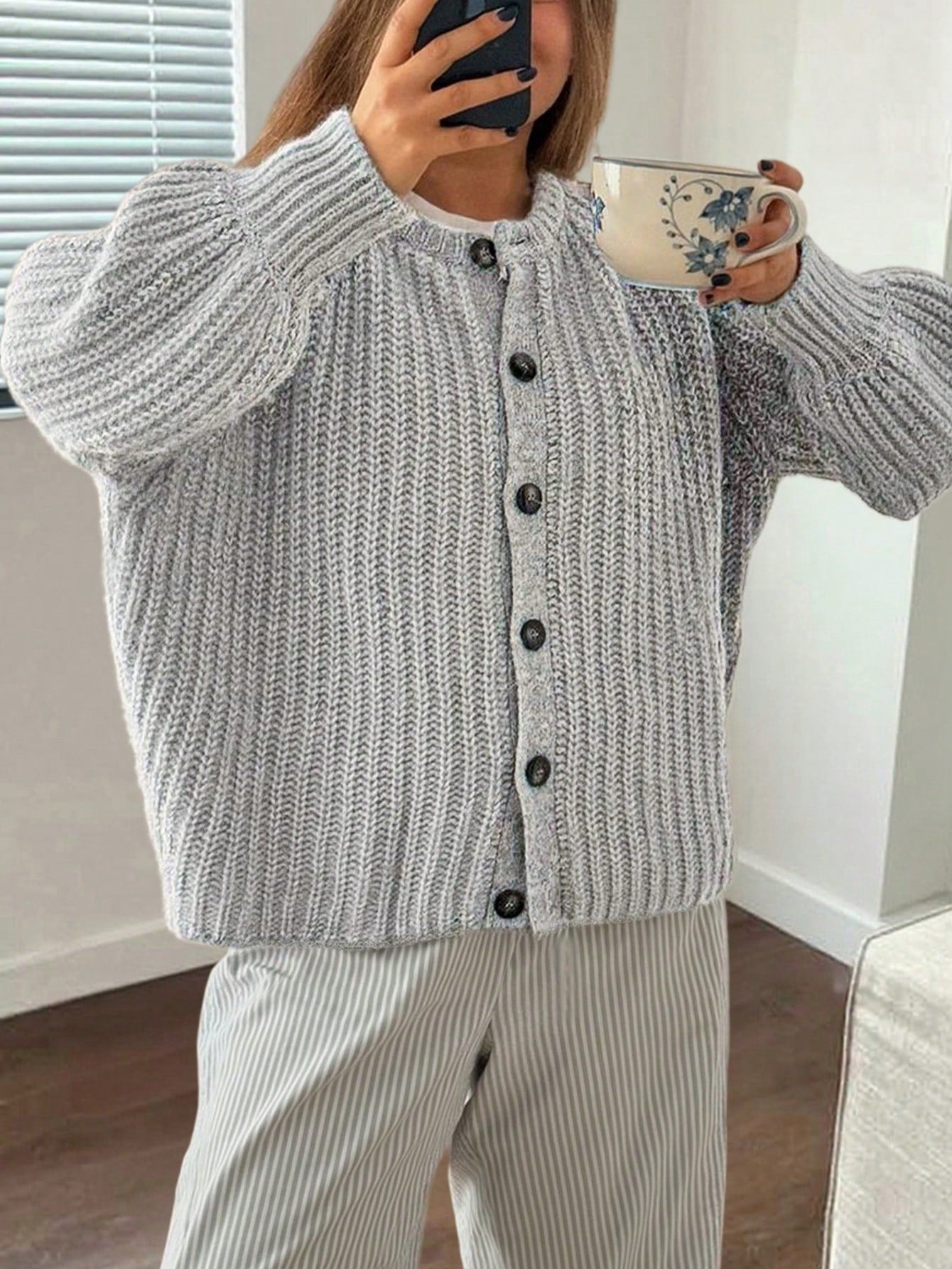 Women's Grey Striped Knit Cardigan, Oversized Button-Down Casual Sweater Cardigan with Drop Shoulder Design