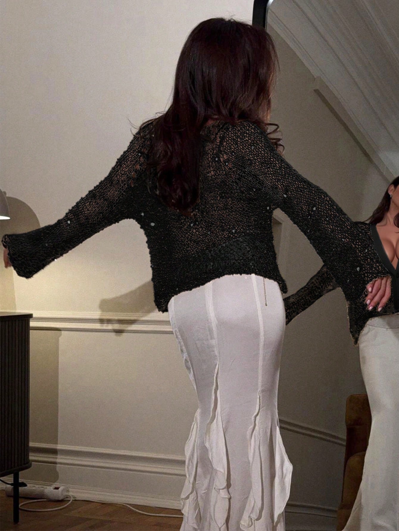 Women's Beaded Sparkle Open-Front Cardigan - Cream Trim Long-Sleeve Formal Cropped Cardigan