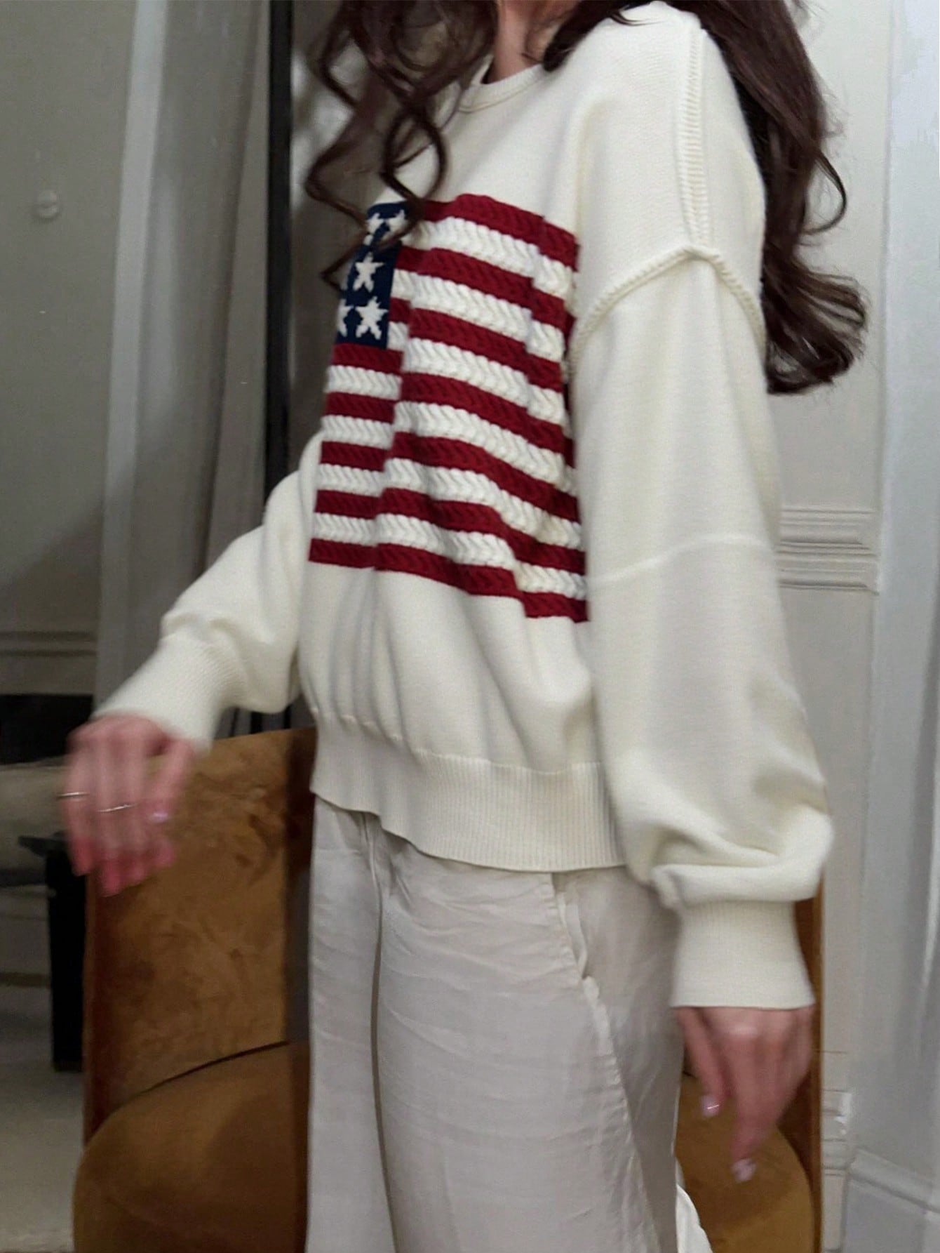 Women's American Flag Print Crew Neck Sweatshirt - Casual Long Sleeve Pullover