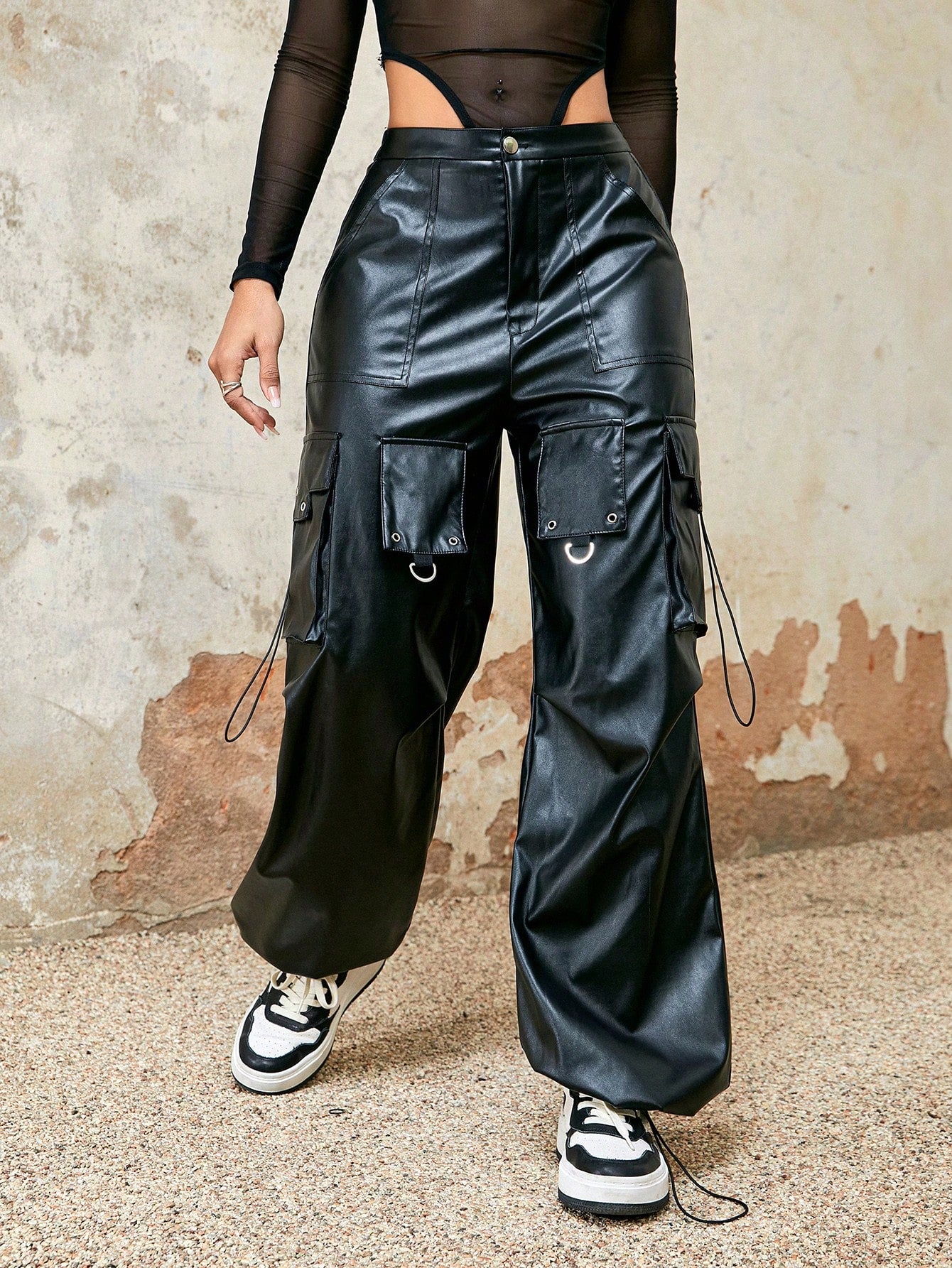Women's Black PU Leather High Waisted Cargo Pants Wide Leg Faux Leather Trousers