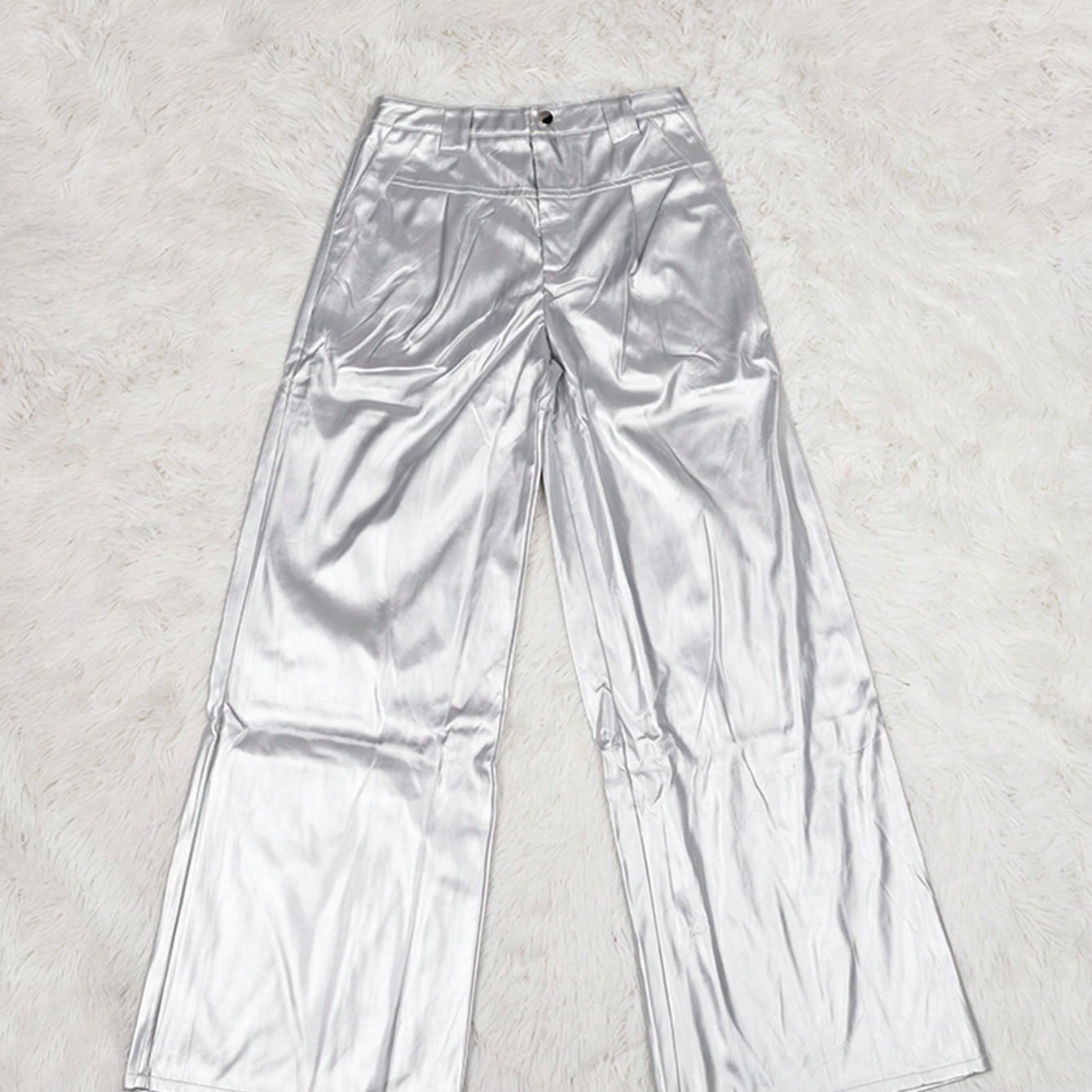Women's Silver Metallic PU Leather High Waisted Wide Leg Pants
