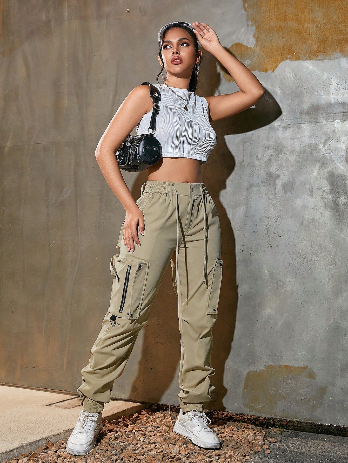 Women's Khaki High Waist Cargo Pants Multi-Pocket Zip Detail Joggers Wholesale