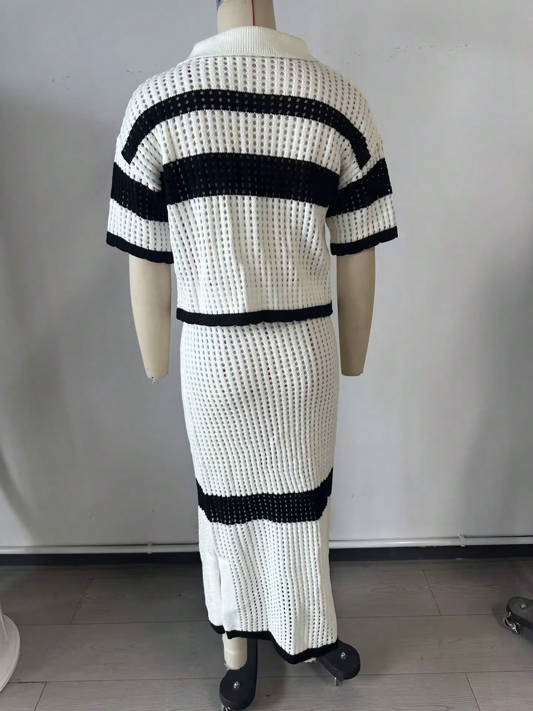 Women's Black White Knit Two-Piece Set with Crop Top and Mini Skirt