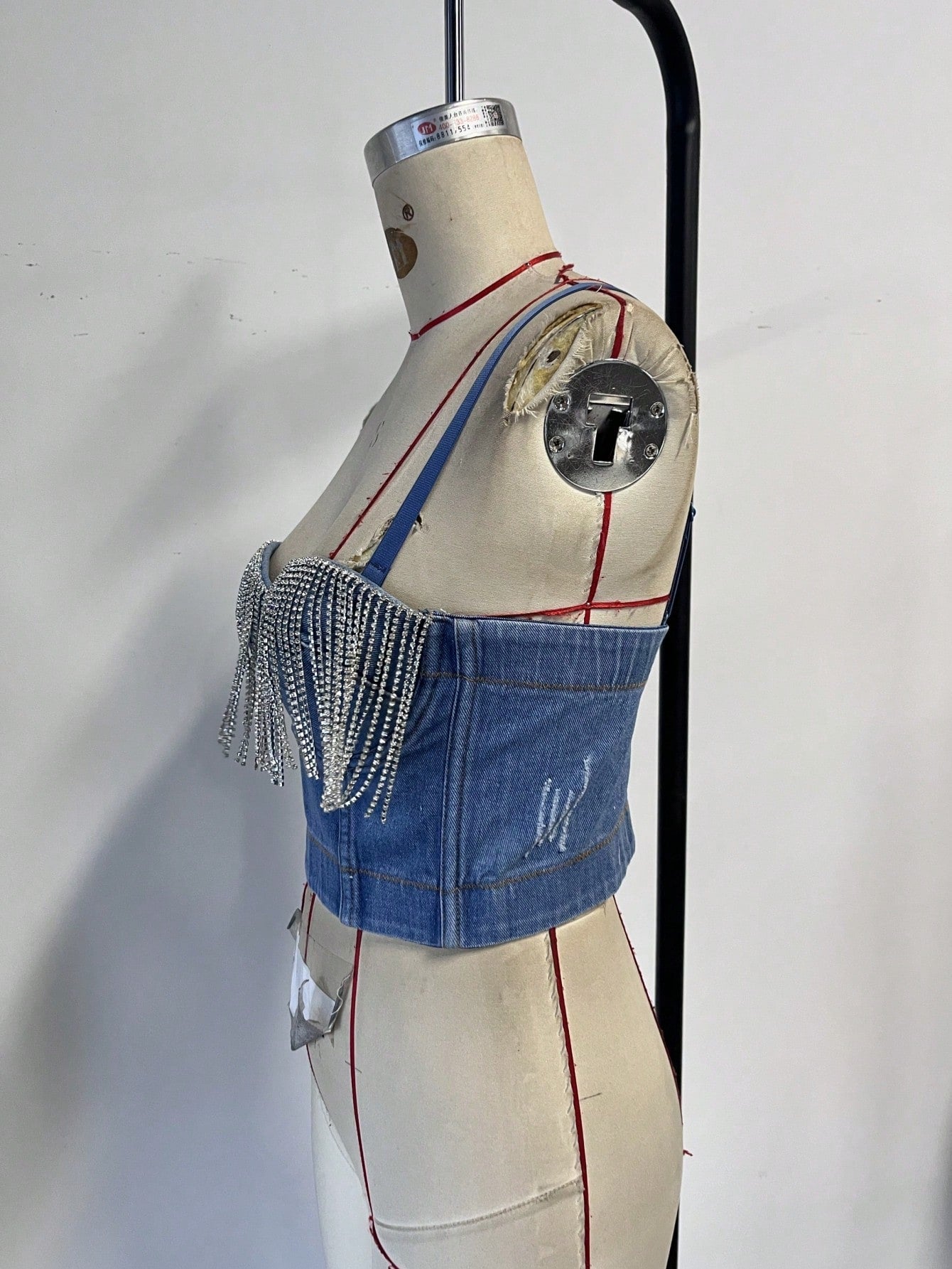 Women's Denim Blue Rhinestone Crystal Fringe Sweetheart Corset Crop Top