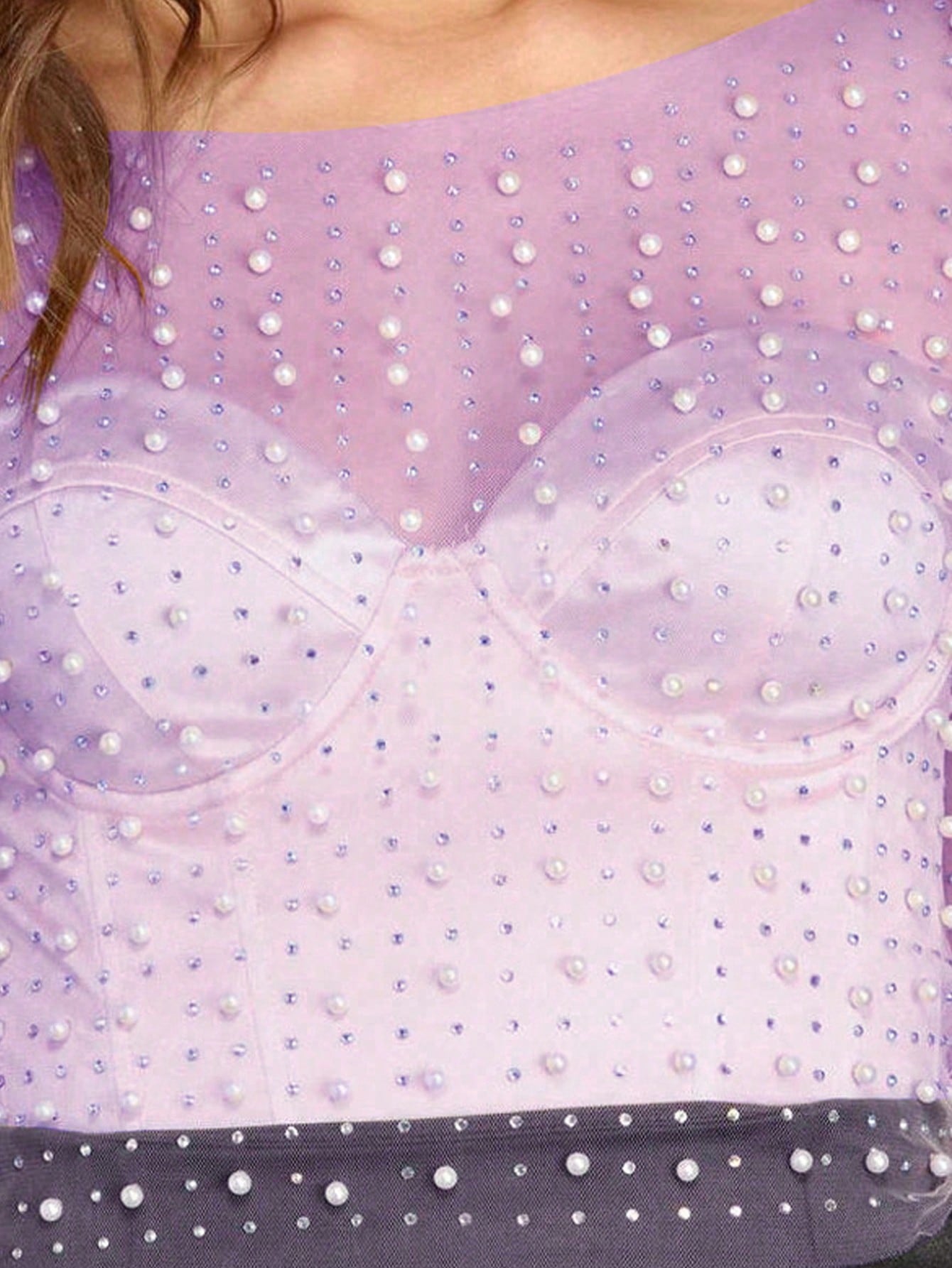 Women's Women Sexy Light Purple Mesh Pearl Long Sleeve Top See Through Party Blouse