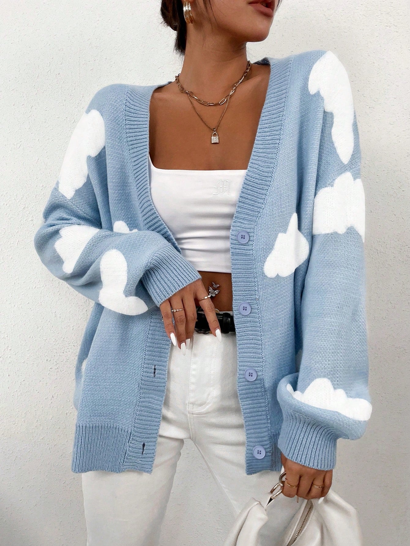Women's Light Blue Cloud-Patterned Cardigan, Casual Oversized Knitted Jacket for Spring & Autumn