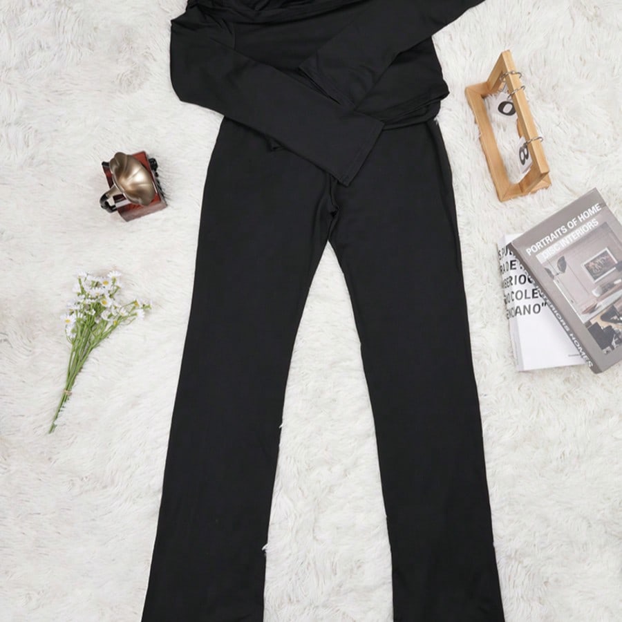 Women's Black Polyester Blend Sporty Two Piece Set with Leggings and Top