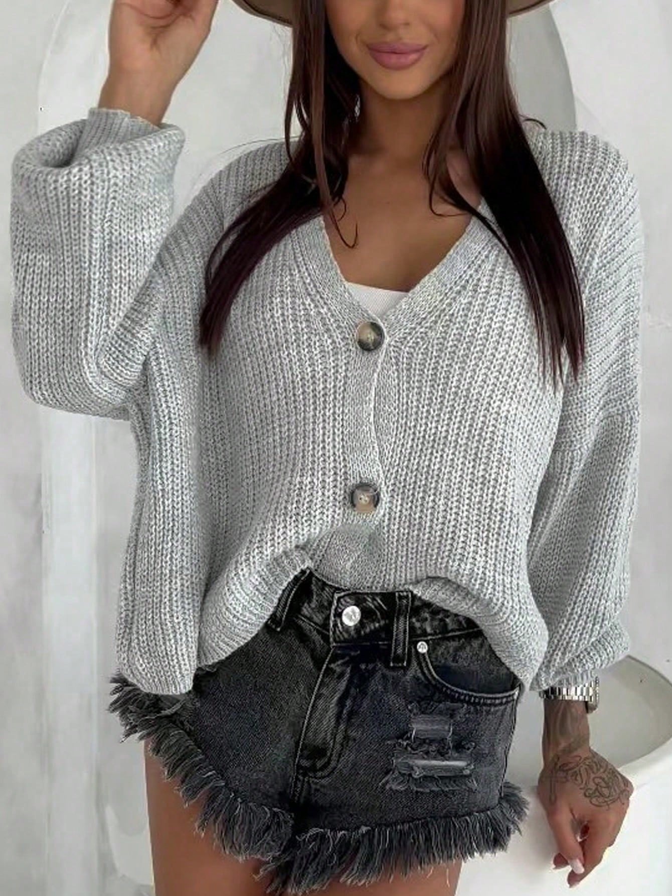 Women's Chunky Knit V-Neck Cardigan, Oversized Single-Button Casual Sweater Cardigan