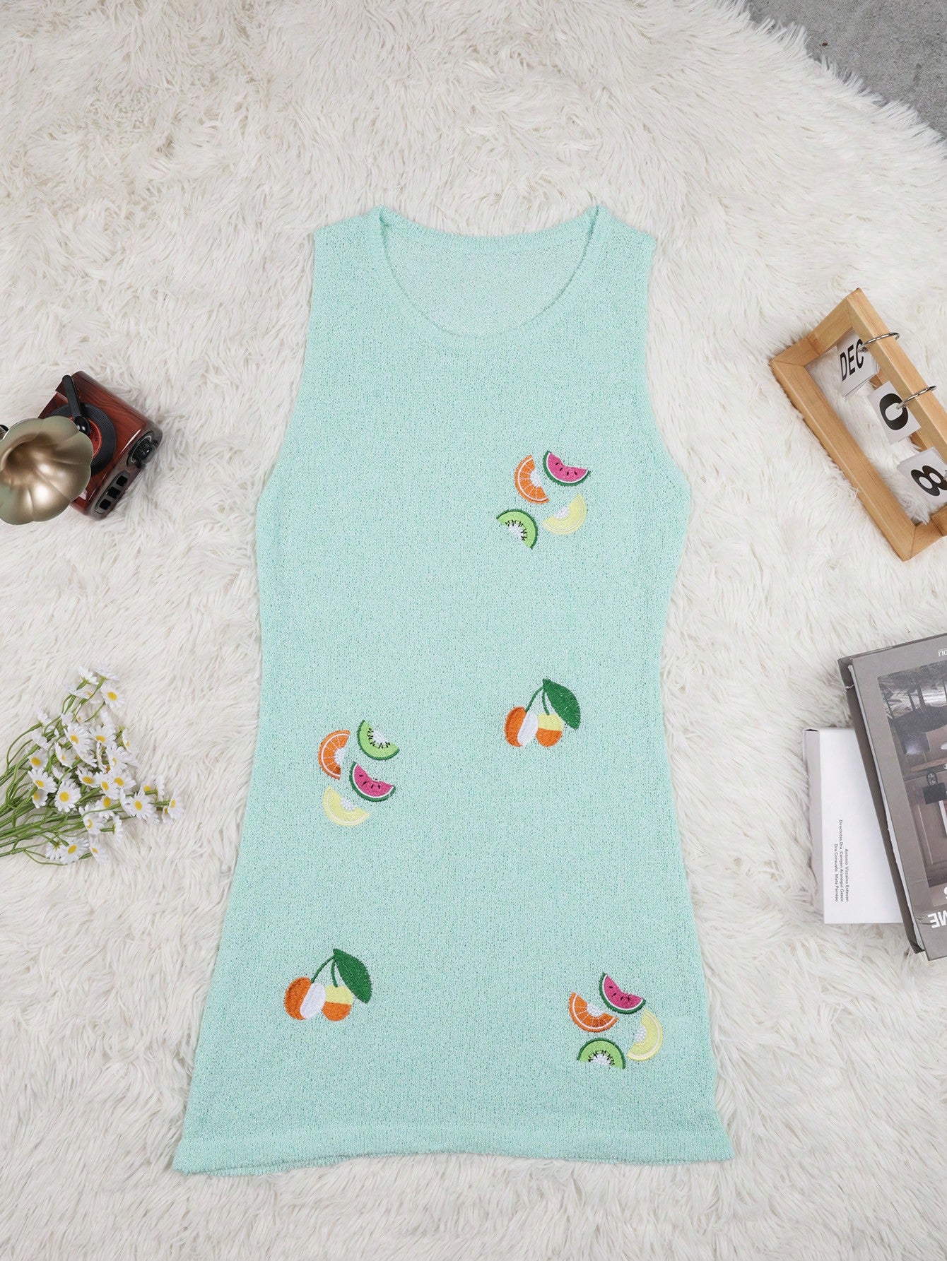 Women's Cyan Fruit Pattern Embroidered Novelty Knit Mini Dress