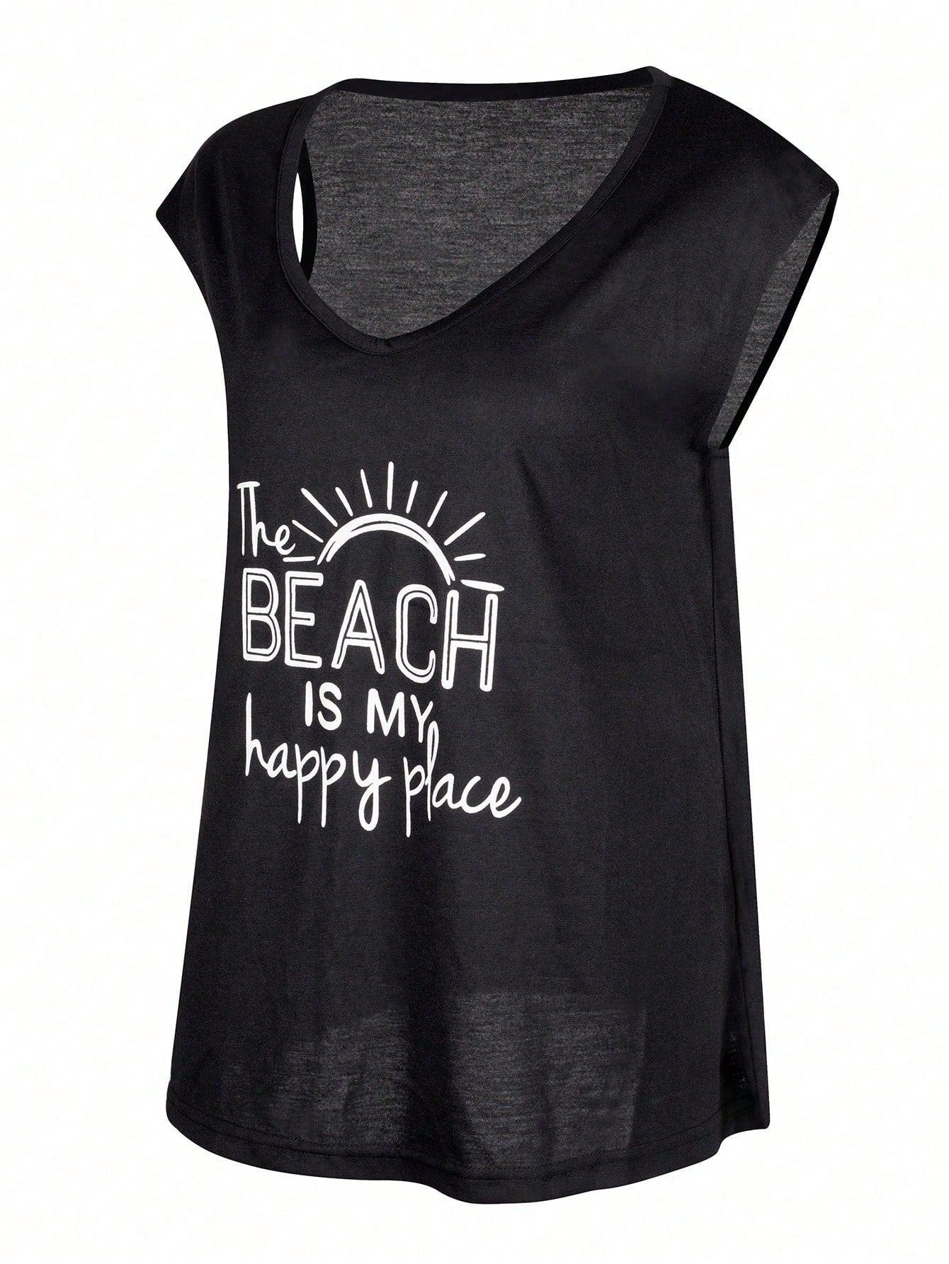 Women's Black The Beach Is My Happy Place Graphic Tank Top - Sleeveless Casual Cotton Tee