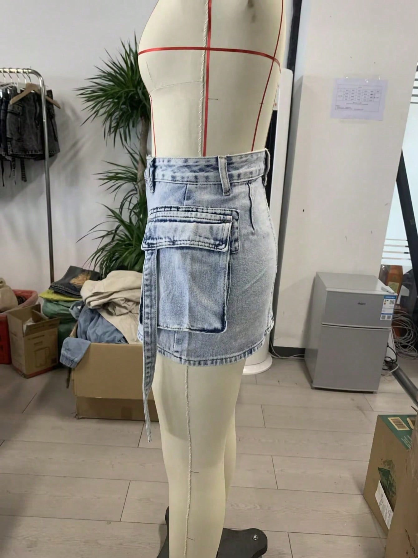 Women's Acid Wash Light Blue Denim Mini Cargo Skirt with Tie Detail