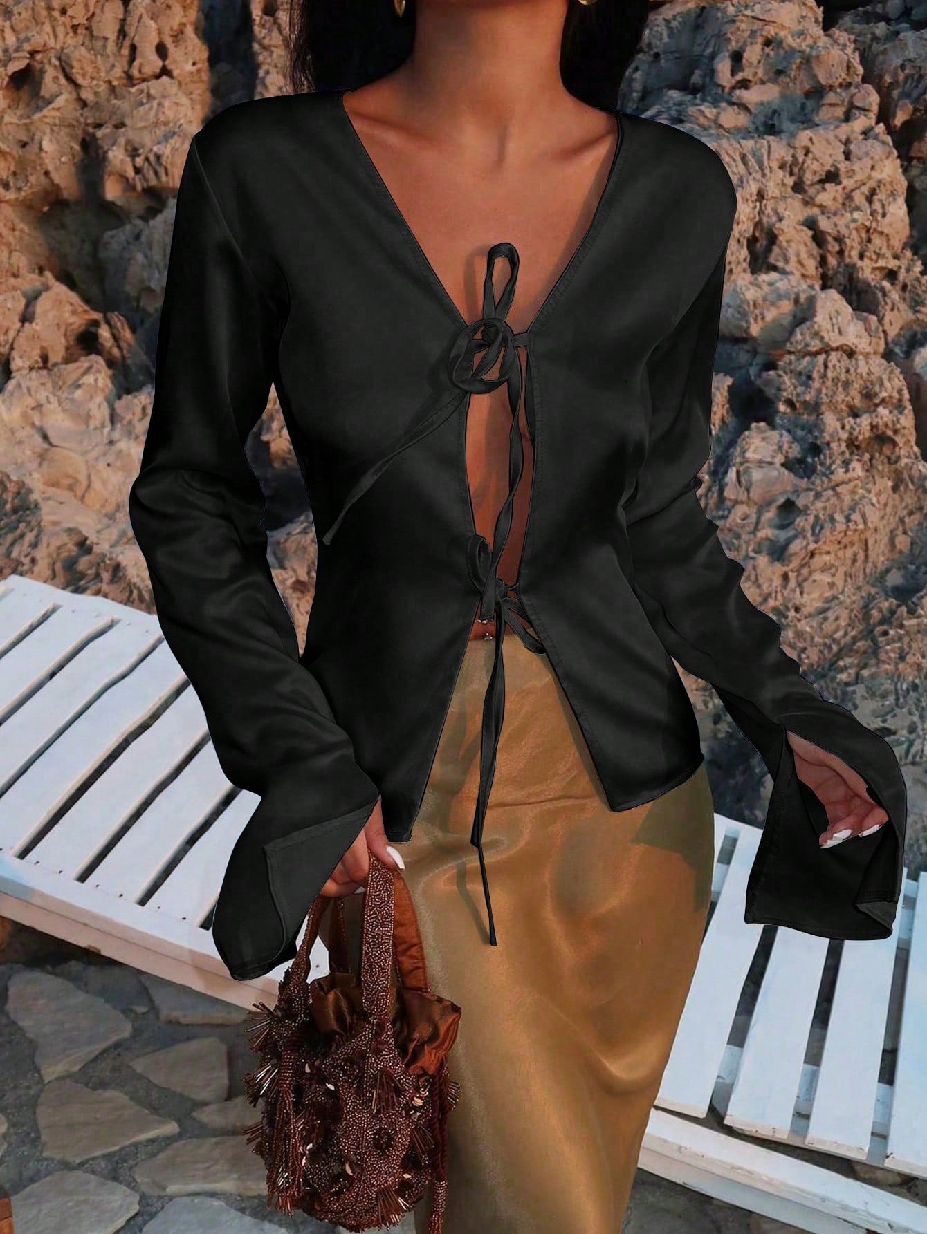 Women's Black Satin Tie-Front V-Neck Top with Long Sleeves