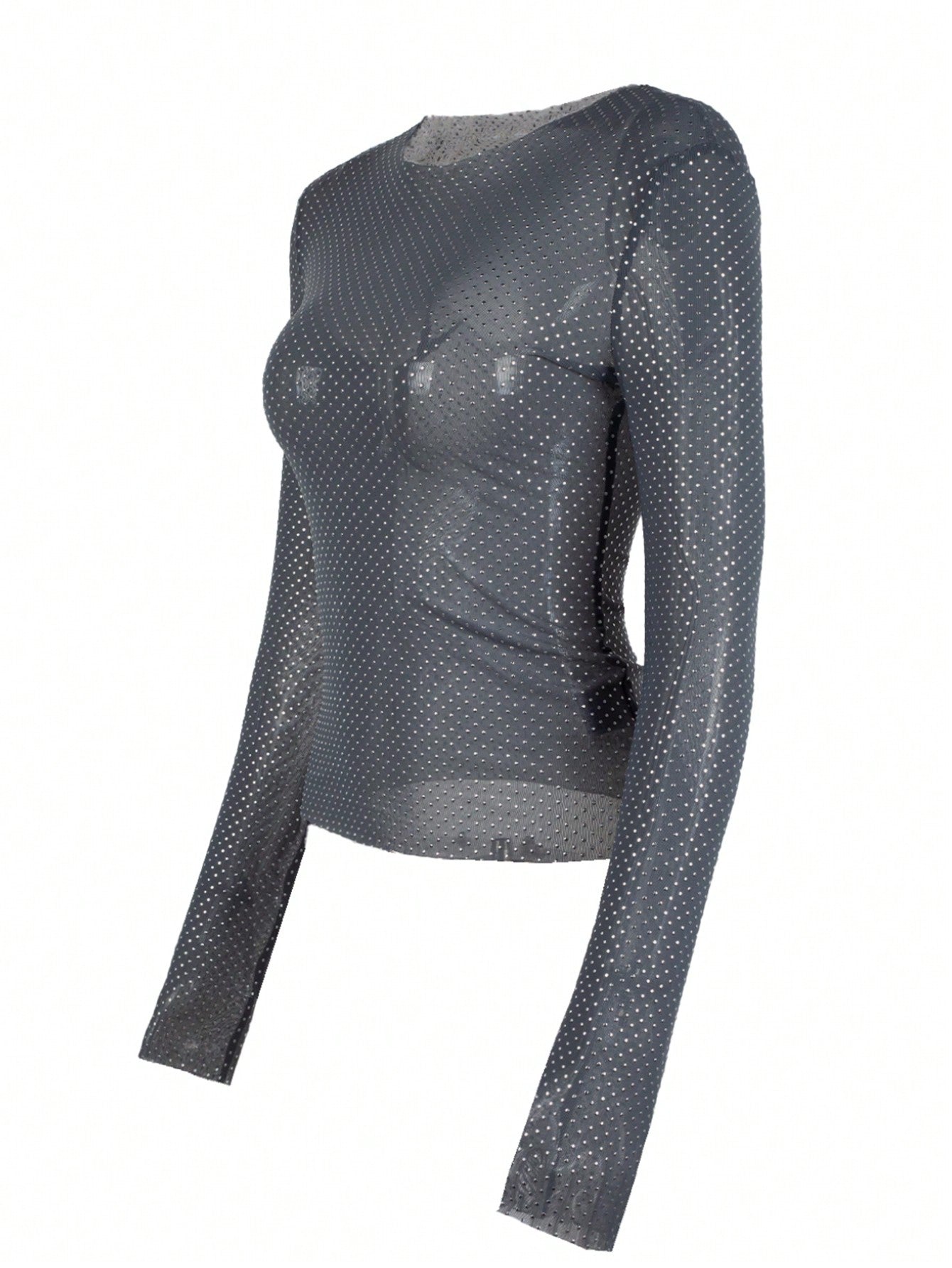 Women's Women Sexy Dark Grey Rhinestone Long Sleeve Top See Through Mesh Tee