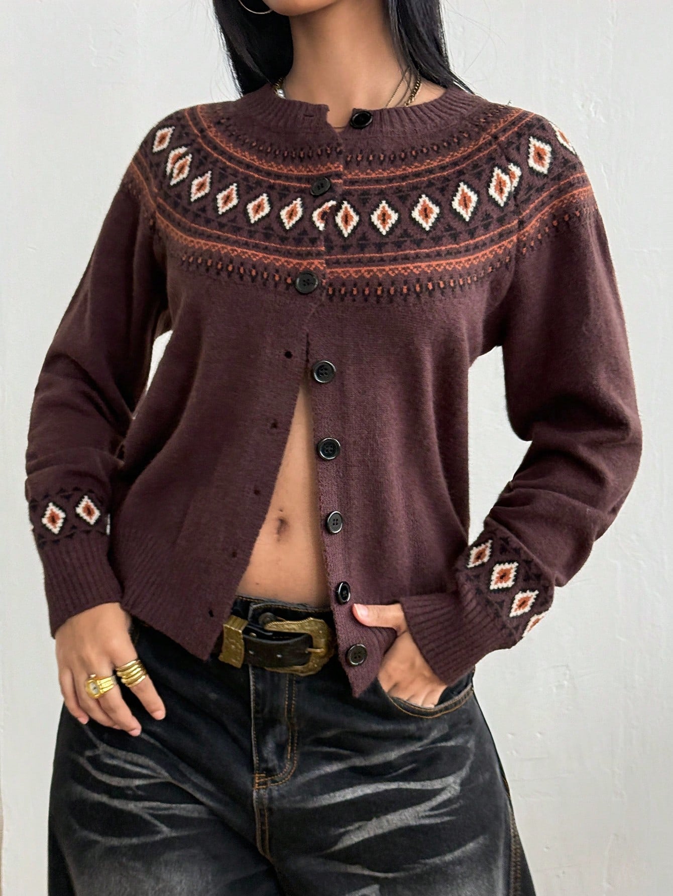 Women's Dark Brown Fair Isle Button-Up Cardigan Sweater