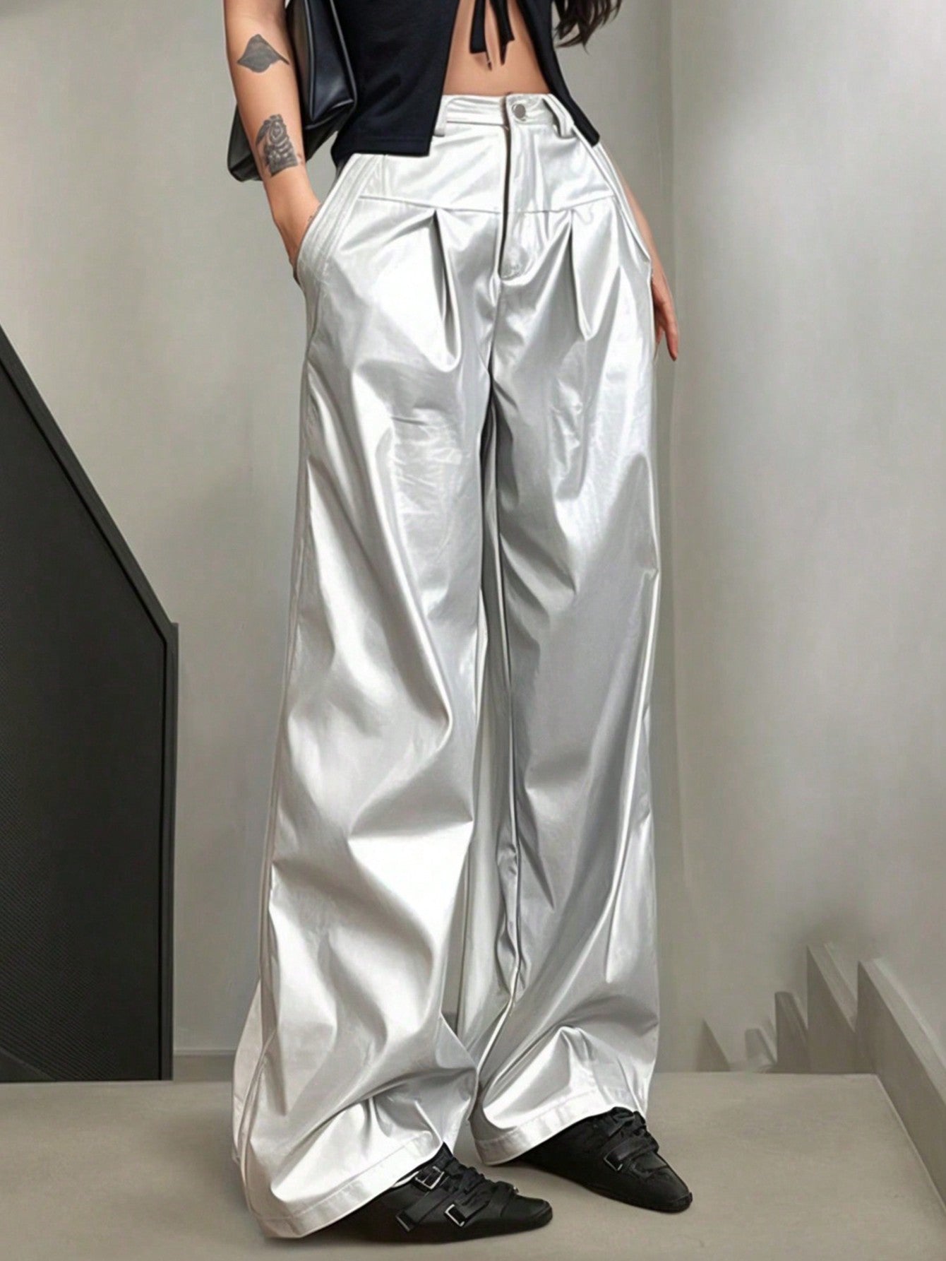 Women's Silver Satin Wide-Leg Pants - High-Waisted Casual Fashion Trousers
