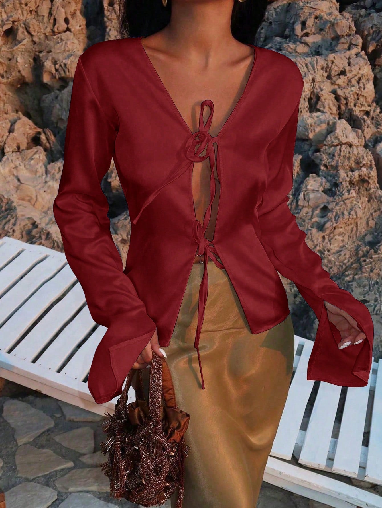 Women's Red Satin Tie-Front Long-Sleeve Blouse - Elegant Casual & Night-Out Dressy Top
