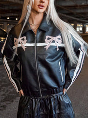 Women's Street Style PU Leather Jacket with Contrast Color Stripes and Bow Detail - Edgy Fashion Outerwear