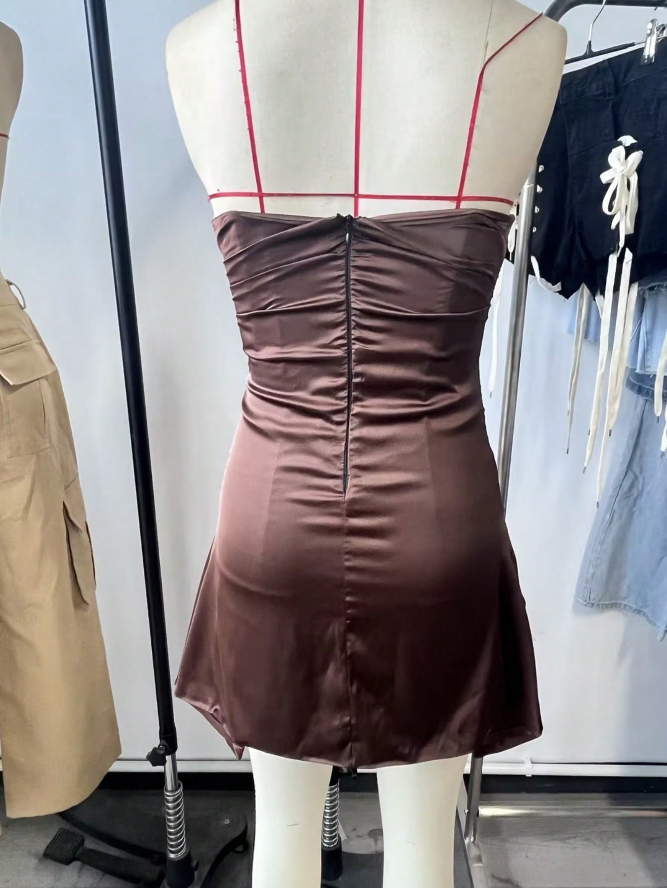 Women's Modern Dark Coffee Satin Ruched Mini Dress with Cami Straps