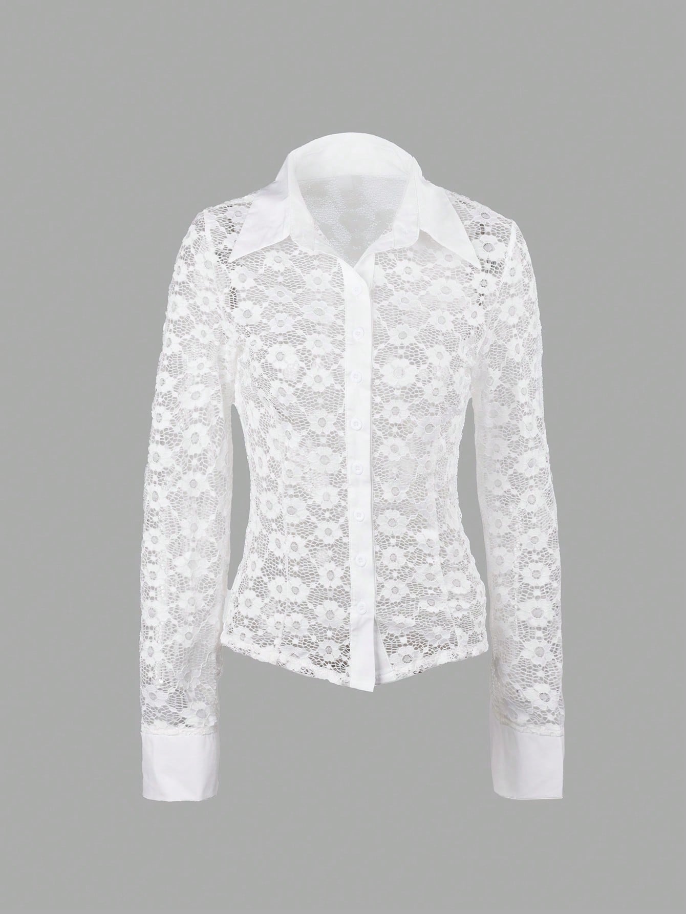 Women's Women Sexy White Lace Long Sleeve Blouse Button Up Shirt
