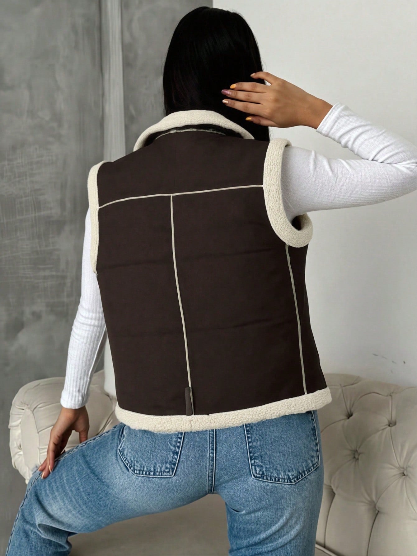 Women's Trendy Two-Tone Brown and White Shearling-Lined Biker Jacket