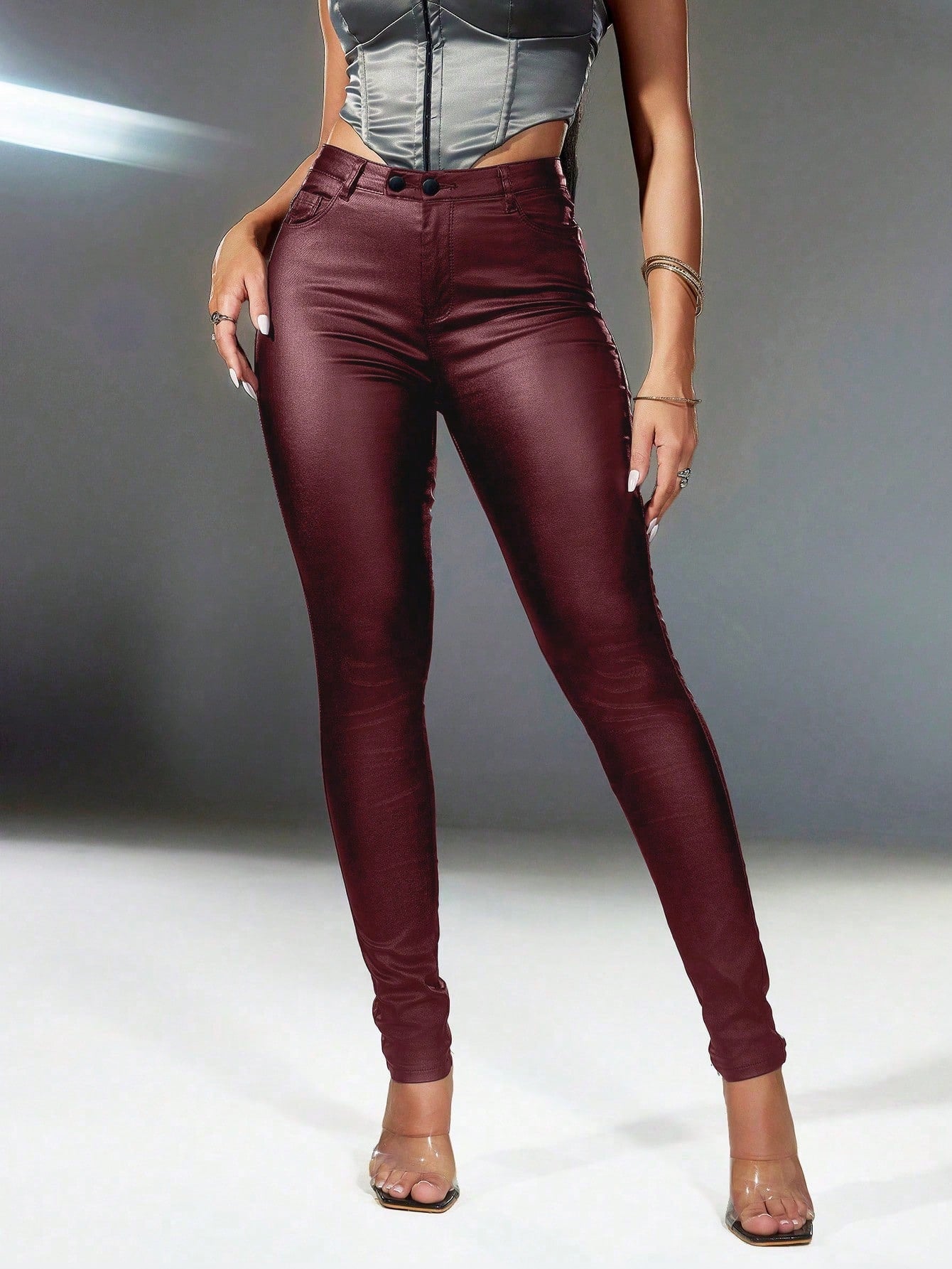 Women's Dark Red Cotton Blend High Waisted Cargo Pants with Buckle Detail