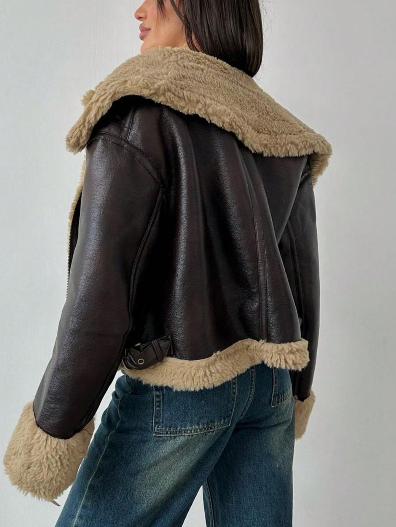 Women's Black PU Leather Aviator Jacket Faux Fur Lined Cropped Winter Coat