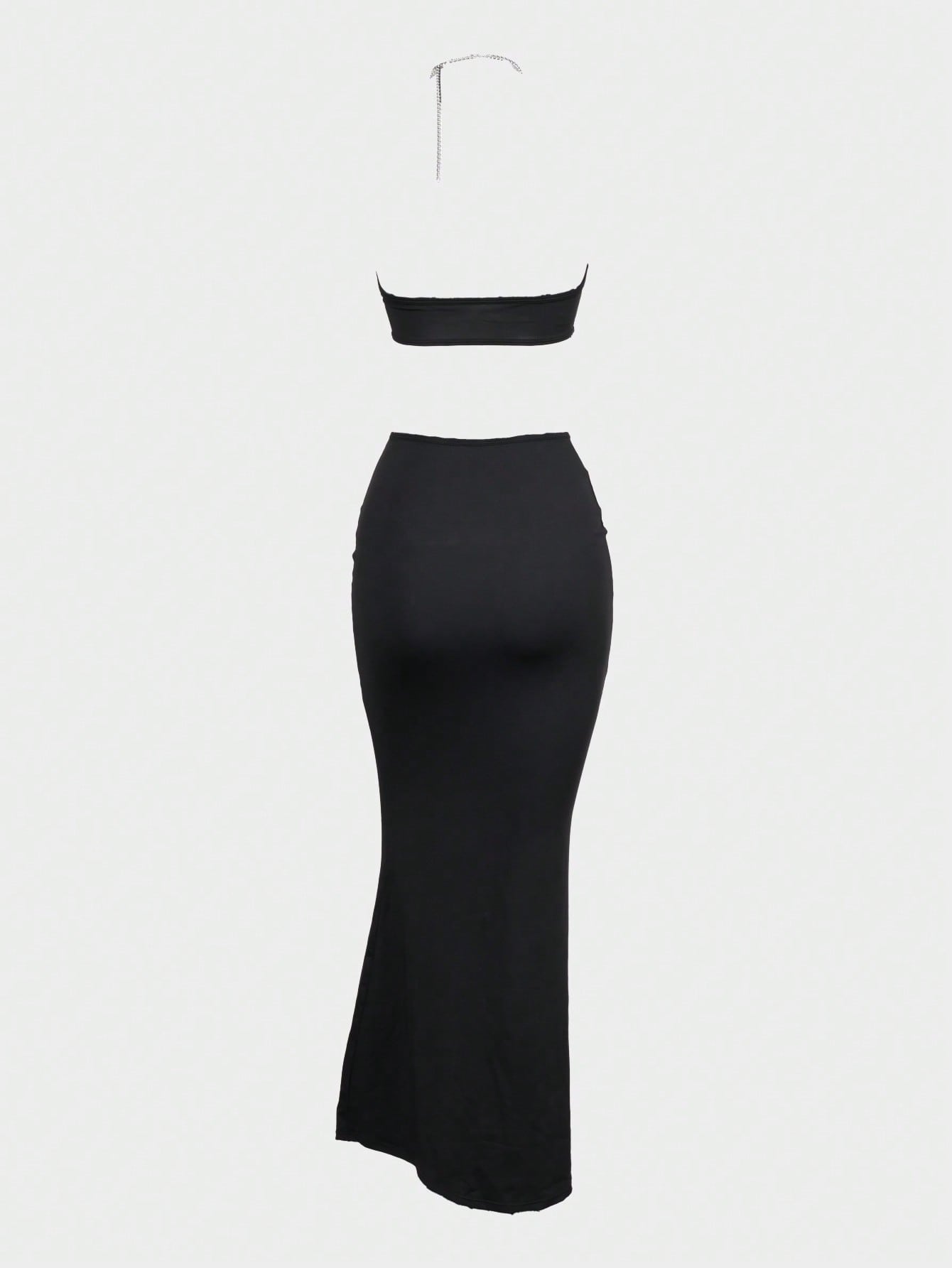 Women's Black Bodycon Maxi Dress with Silver Chain Fringe and Cutout Details